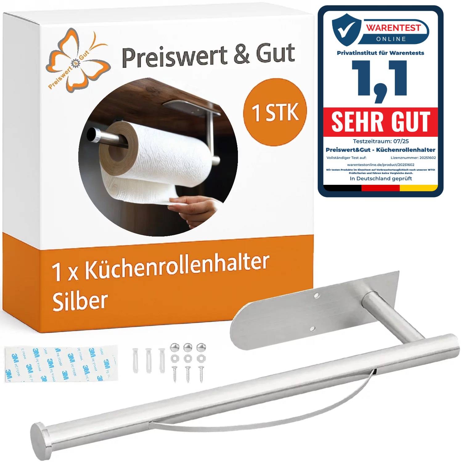 Paket mit einem silbernen Küchenrollenhalter, passender Hardware und einem 'Sehr Gut' Bewertungsetikett.