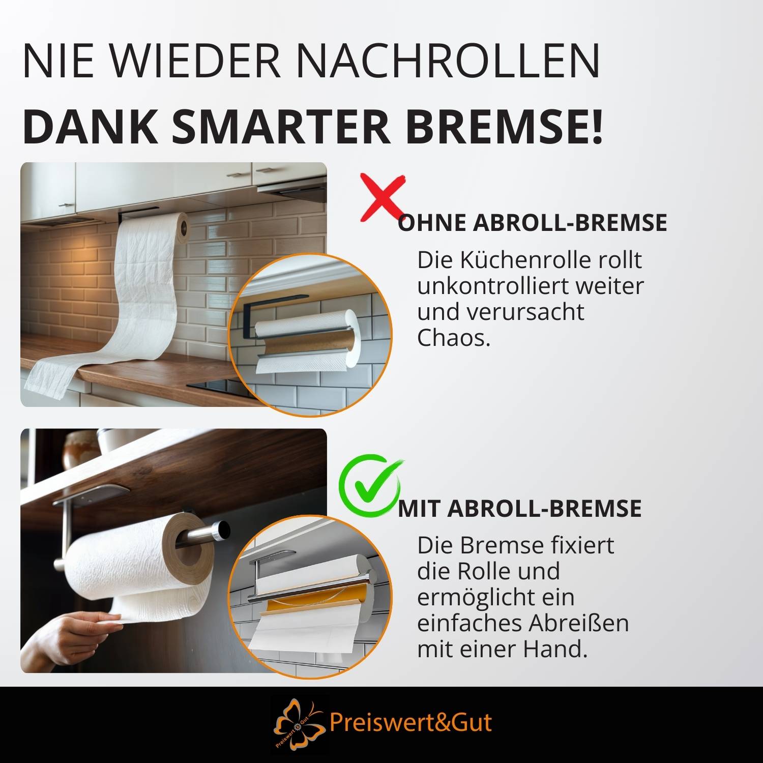 Oben: Eine Küchenpapierrolle, die chaotisch abgerollt wird. Unten: Eine Küchenpapierrolle, die von einem Mechanismus ordentlich gehalten wird. Der Text hebt die Vorteile des Halters hervor.