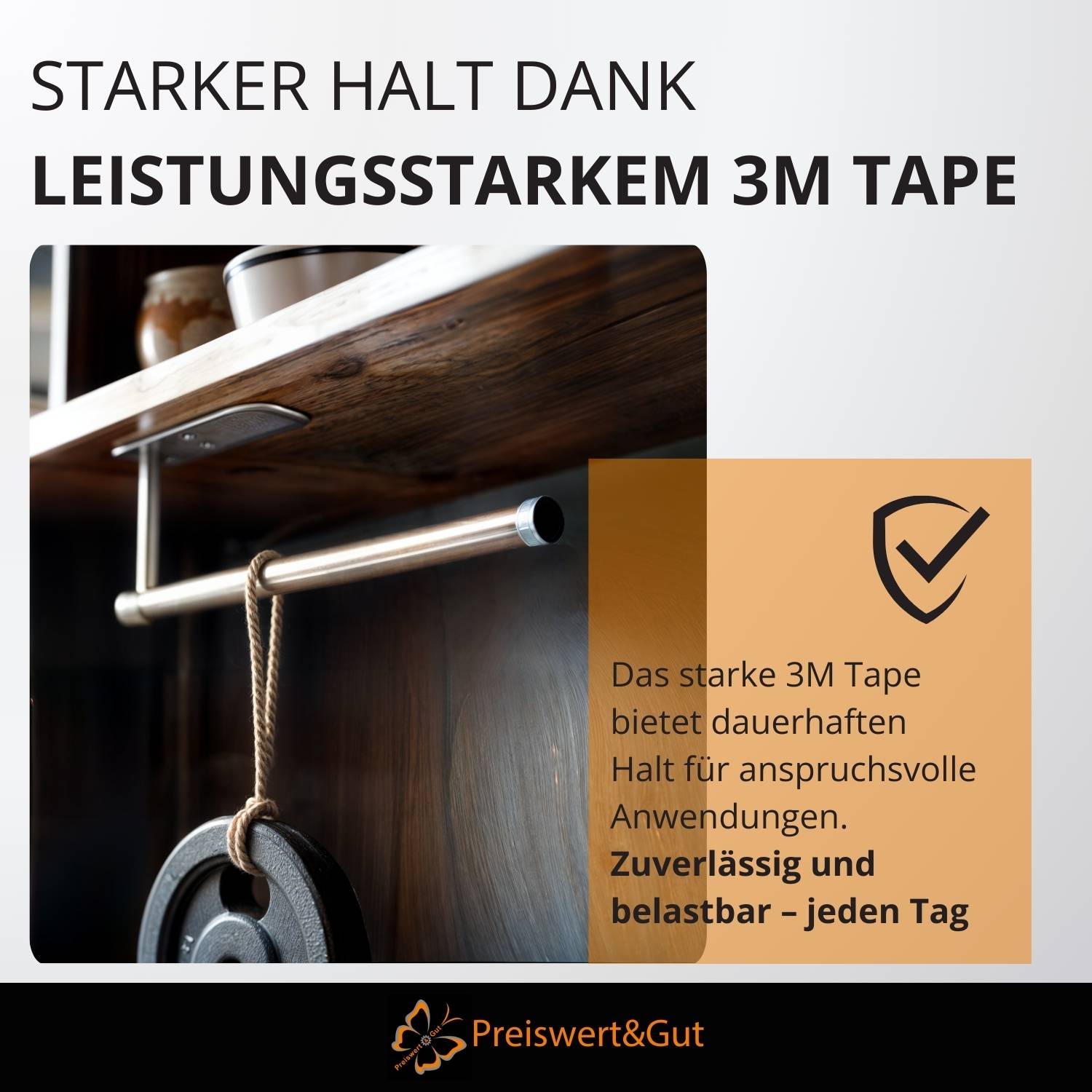 Ein 3M Klebeband bietet dauerhaften Halt für anspruchsvolle Anwendungen. Zuverlässig und täglich belastbar.' Bild zeigt Klebeband, das ein schweres Objekt hält.