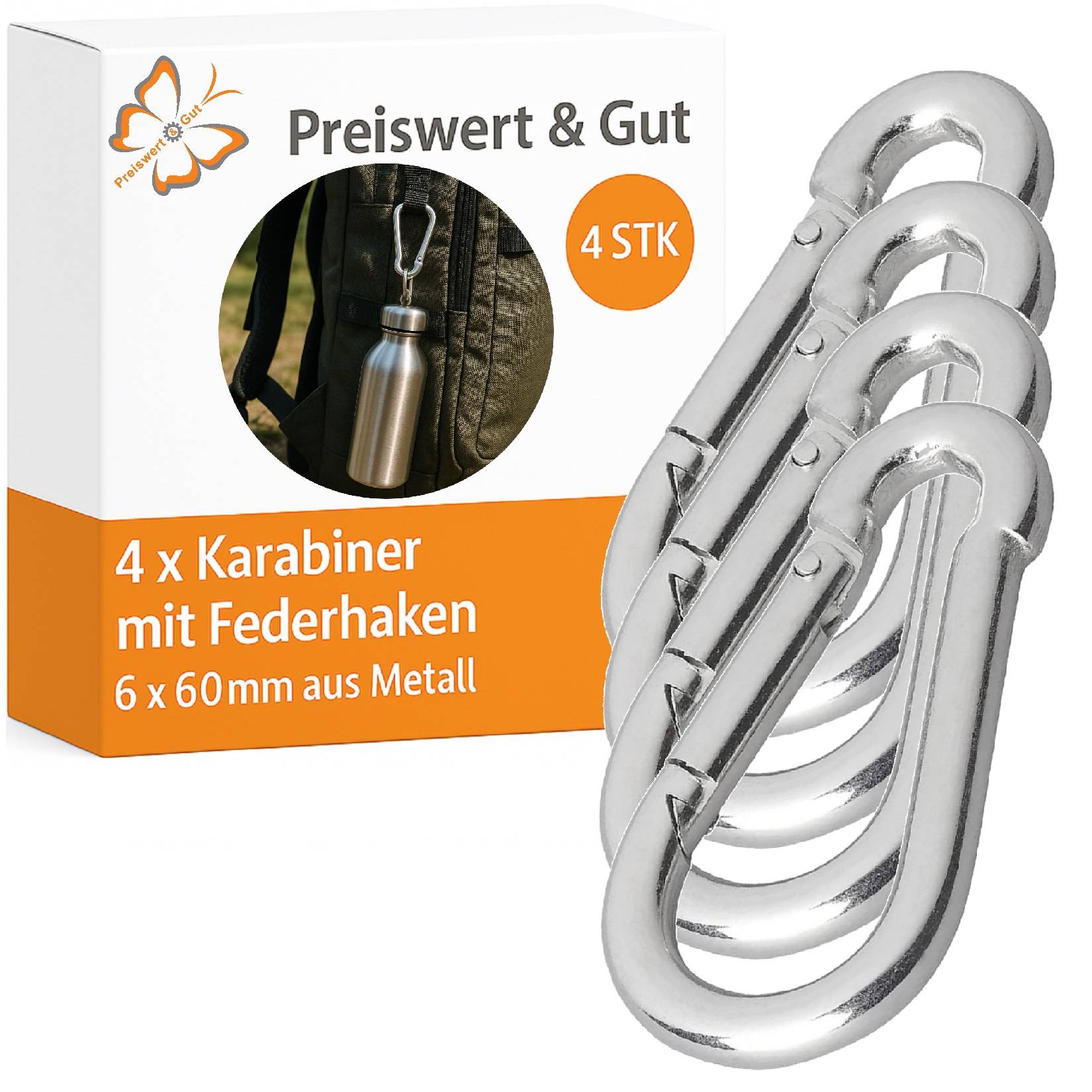 4 x Karabiner mit Federhaken', je 60 mm Metall. Verpackung zeigt Karabiner an einer Tasche. Produktbranding umfasst Schmetterlingslogo.