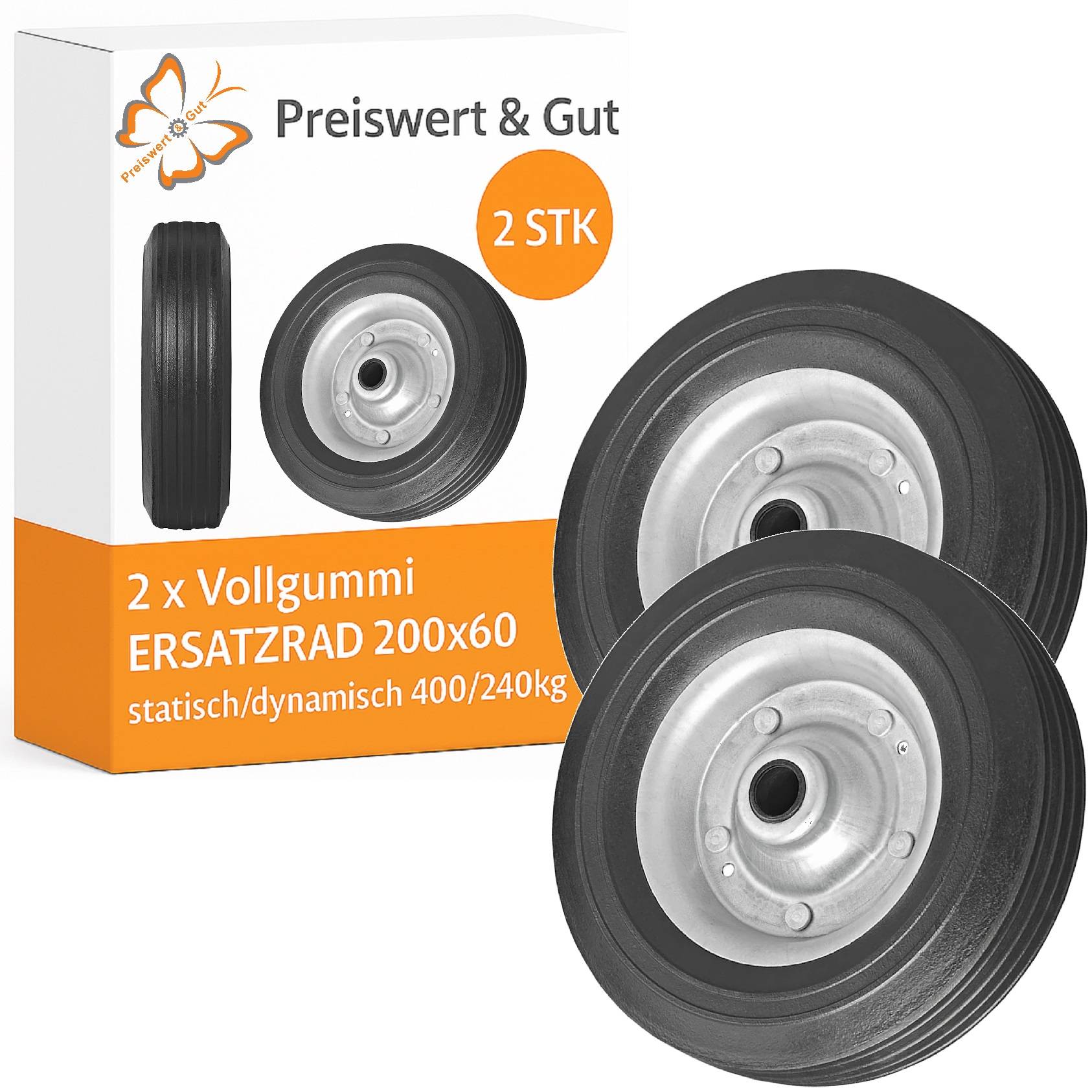 Verpackung mit zwei schwarzen Vollgummi-Ersatzrädern mit silbernen Felgen. Text: '2 x Vollgummi Ersatzrad 200x60', für statische/dynamische Belastungen von 400/240 kg.