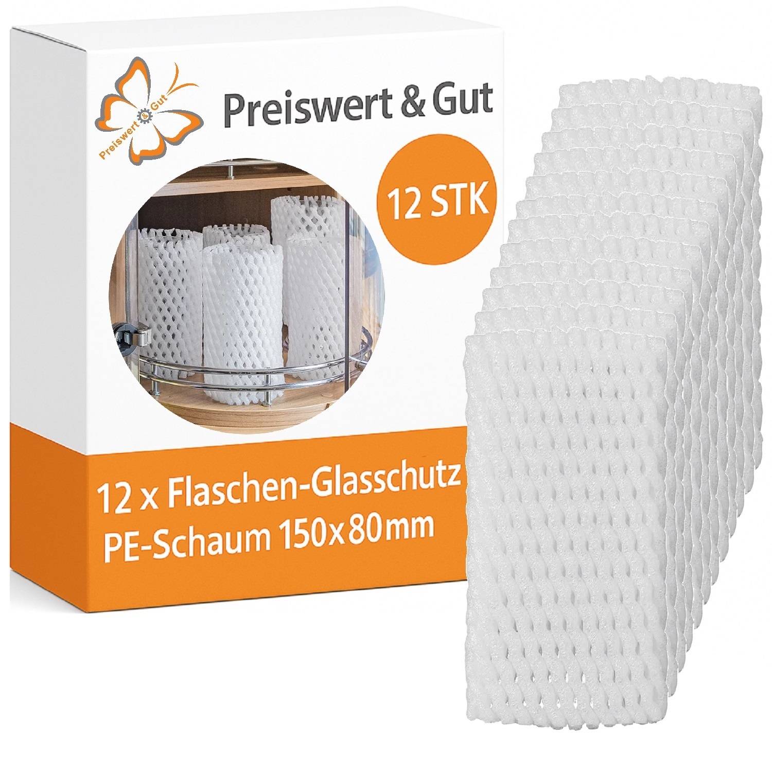 Verpackung mit dem Text '12 x Flaschen-Glasschutz PE-Schaum 150x80mm', die Schaum-Schutzhüllen für Flaschen zeigt, Stapel sichtbar daneben.
