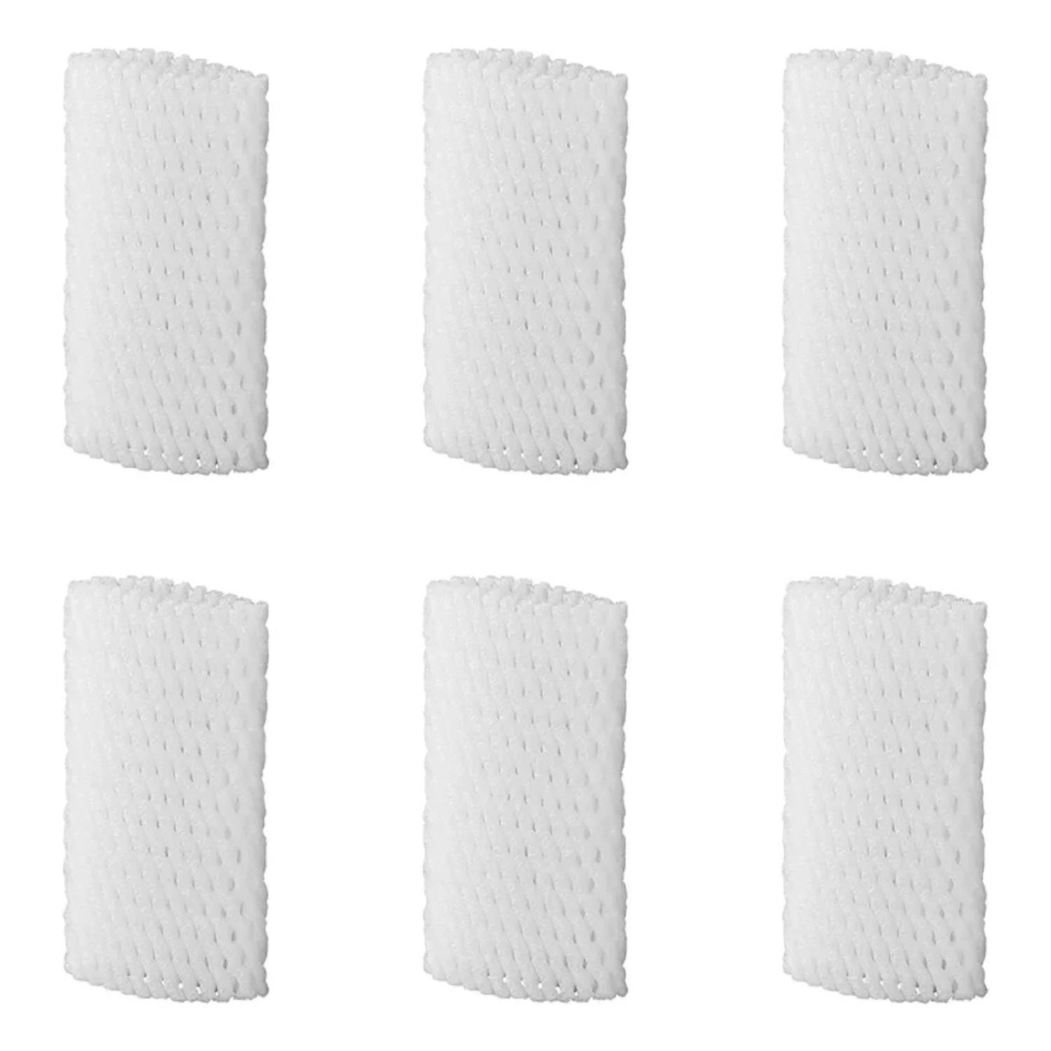 Sechs zylindrische Schaumstofffilter, in zwei Reihen angeordnet, die häufig in Luftbefeuchtern oder Luftreinigern verwendet werden.