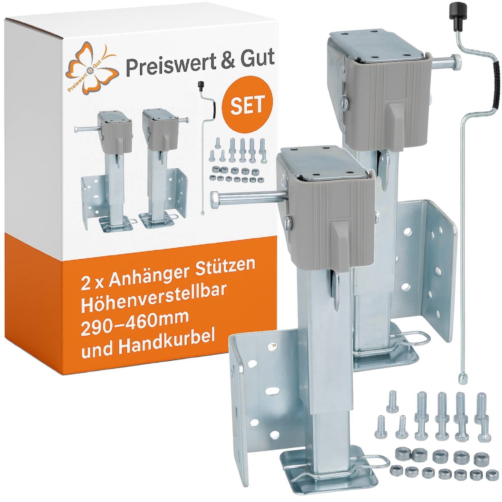 Ein Set mit zwei höhenverstellbaren Anhänger-Stützfüßen mit einem Verstellbereich von 290-460 mm, Handkurbel und Befestigungsmaterial inklusive Verpackung.