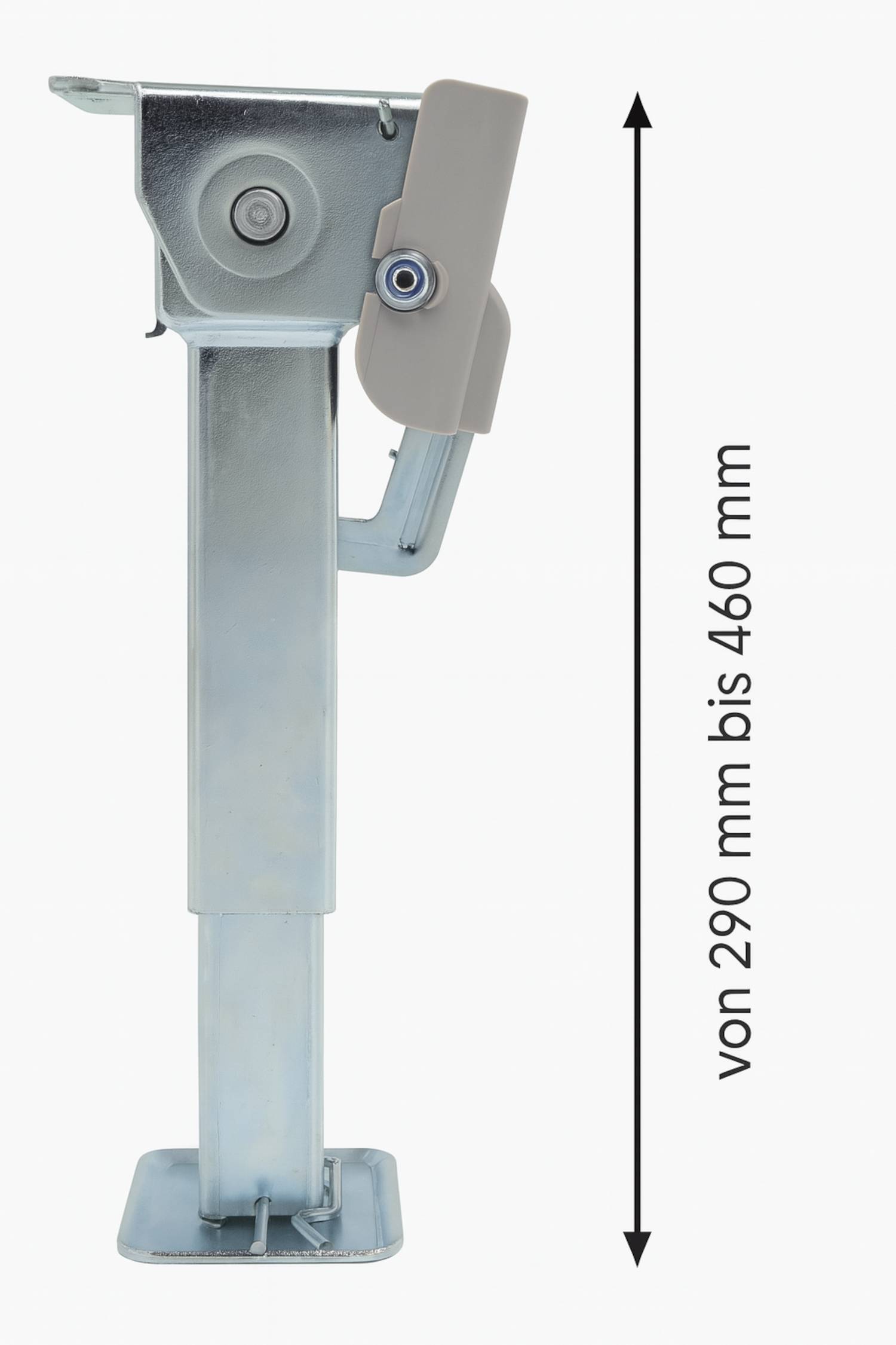 Metallisches Teleskop-Stützbein mit Griff, verstellbar zwischen 290 mm und 460 mm.