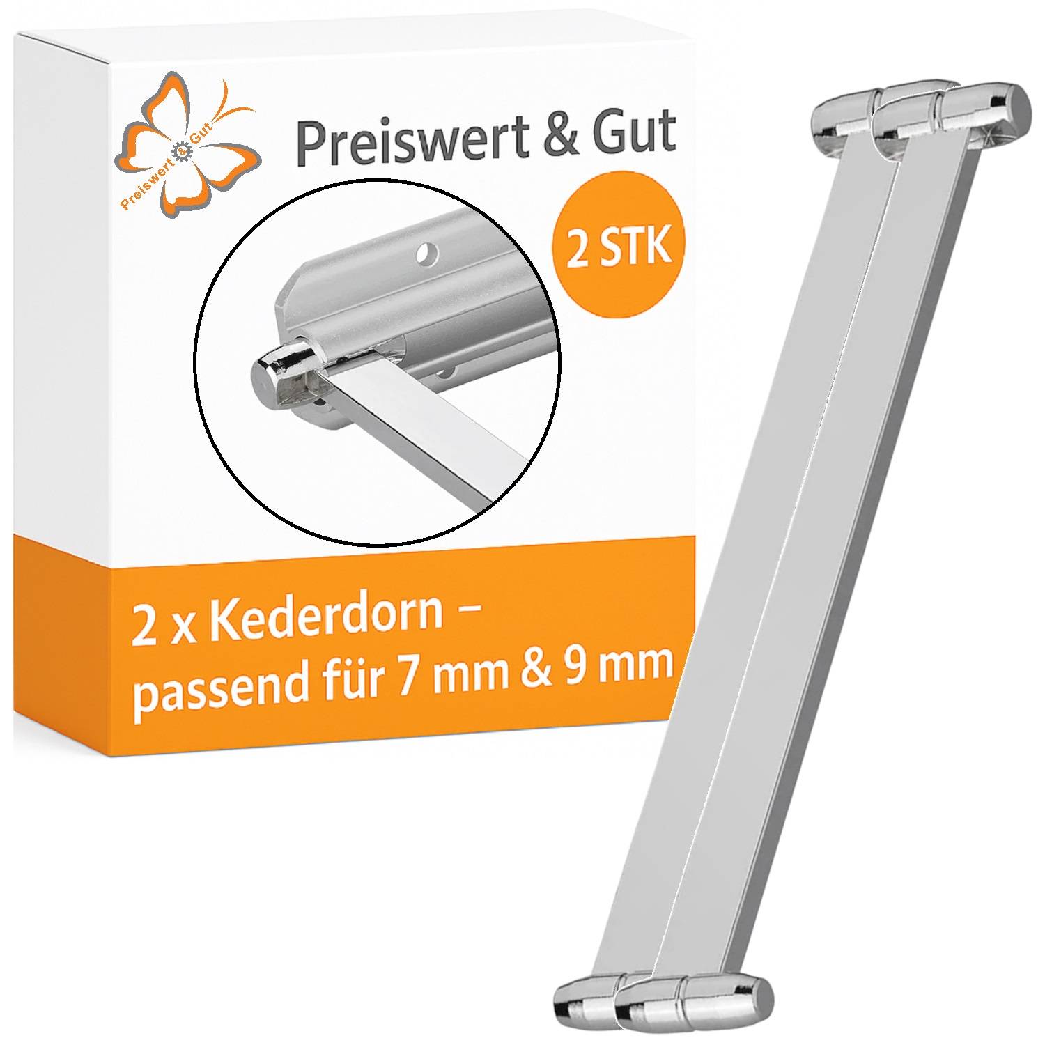 Zwei silberne Kederorns für 7 mm und 9 mm, gezeigt mit Verpackung mit der Aufschrift 