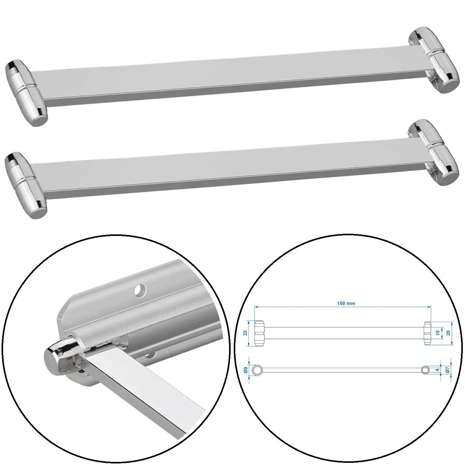 Satz von zwei Chrom-Regalträgern, Seitenansicht und Nahaufnahme. Abmessungen: 150 mm Länge, mit Schraublöchern zur Befestigung.