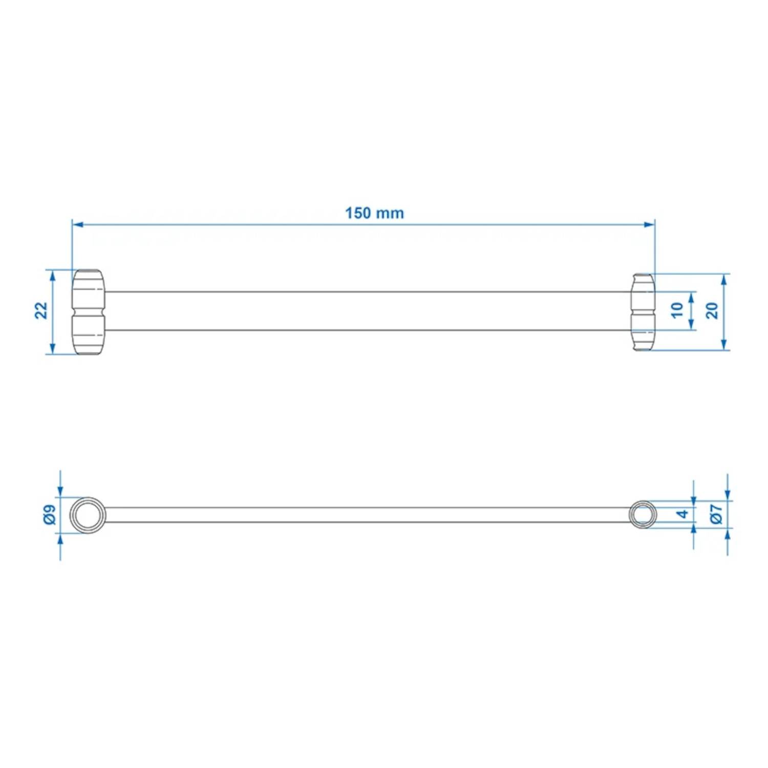Technische Zeichnung einer Stange mit Abmessungen: Länge 150 mm, Durchmesser 22 mm an einem Ende, 10 mm am anderen Ende. Seitenansicht zeigt eine Länge von 69 mm.