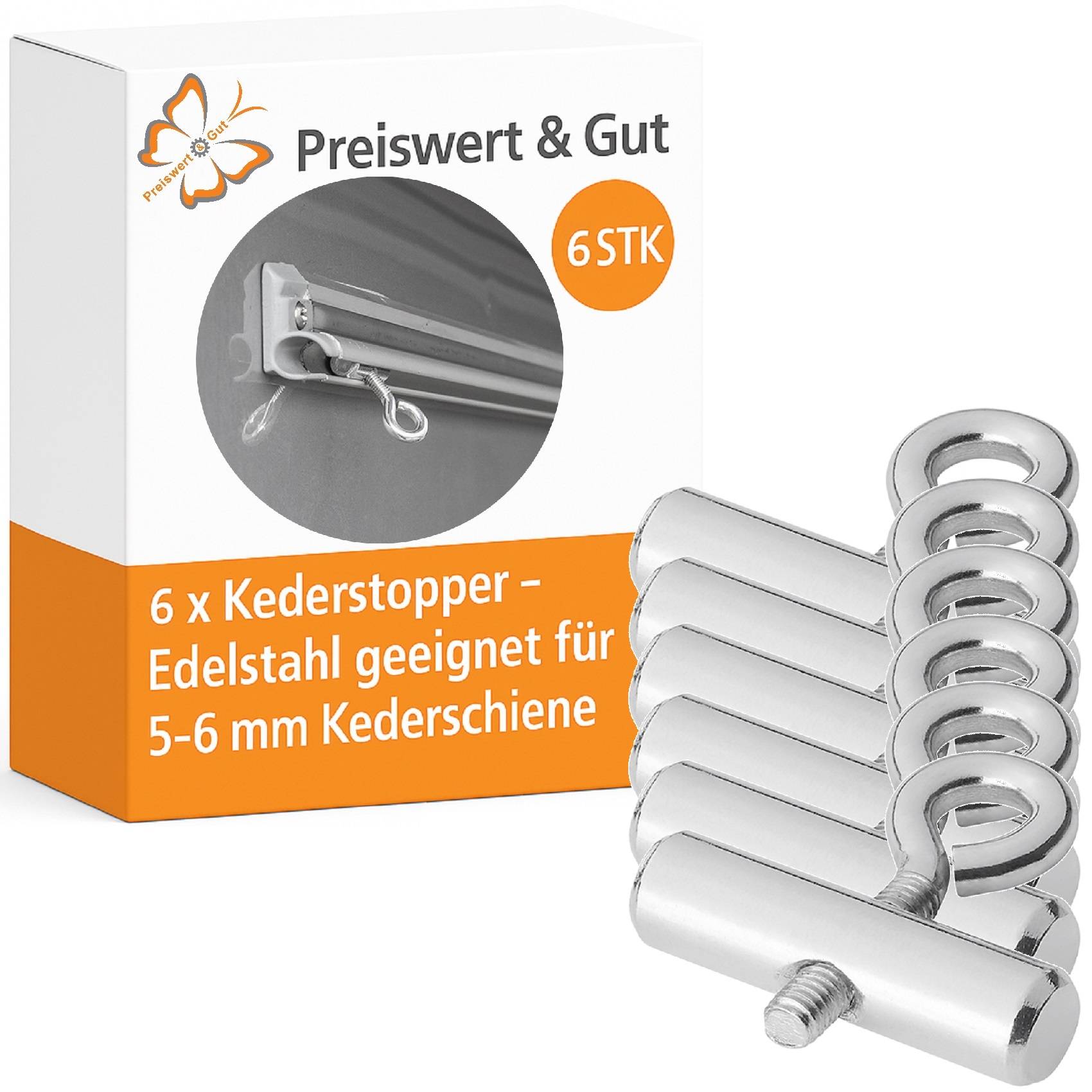 Karton mit 6 Edelstahl-Kedern, geeignet für 5-6 mm Keder-Schienen, gekennzeichnet mit 