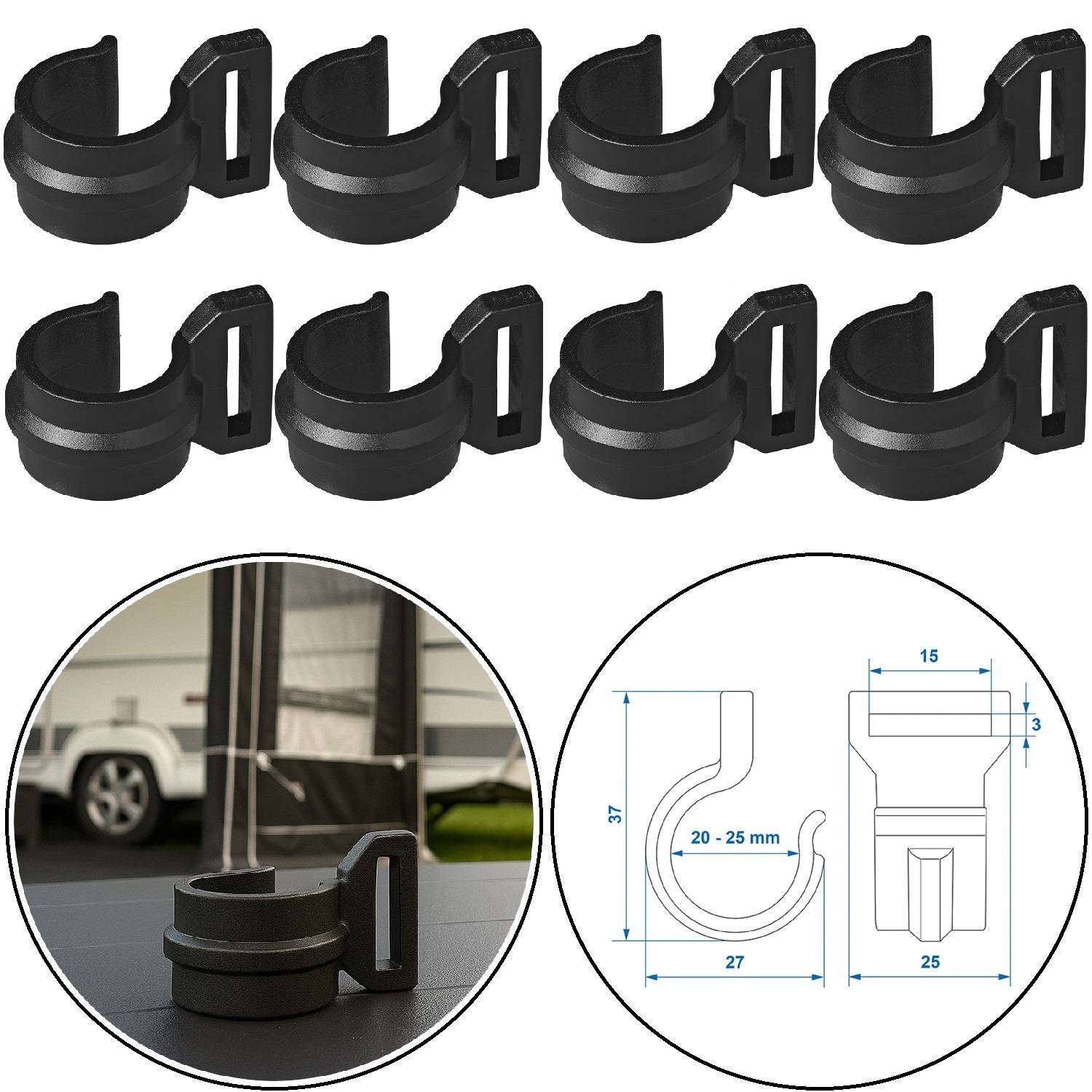 Satz von acht schwarzen Befestigungsklammern mit kreisförmiger Gestalt. Diagramm zeigt Größe von 20-25 mm. Einschübe enthalten ein Bild von Klammern im Einsatz mit einem Anhänger und eine detaillierte technische Zeichnung.