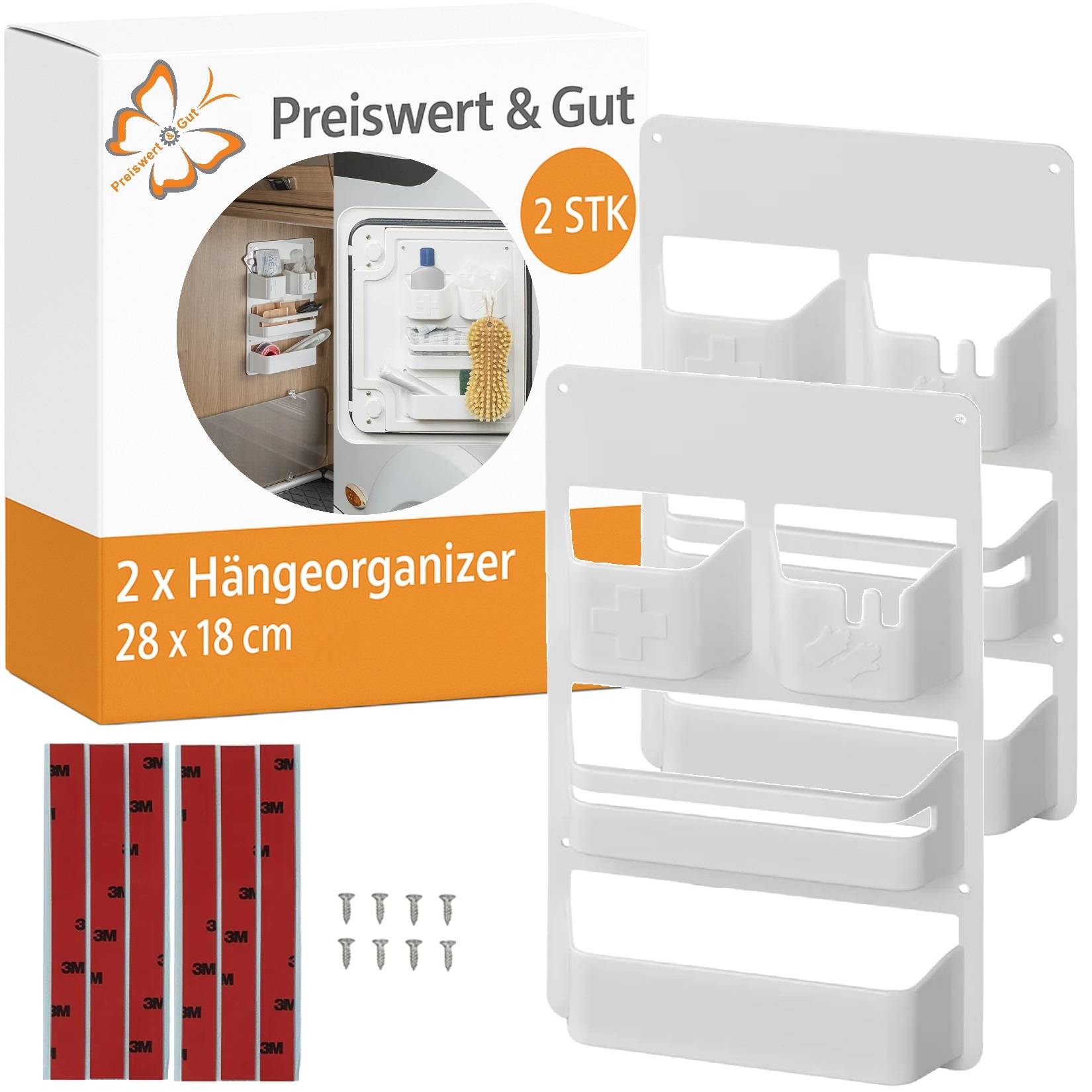 Paket mit zwei weißen Hängeorganizern für Kühlschranktüren, mit Abmessungen von 28x18 cm, inklusive Regalen und Fächern. Lieferumfang umfasst Schrauben und Klebstreifen.