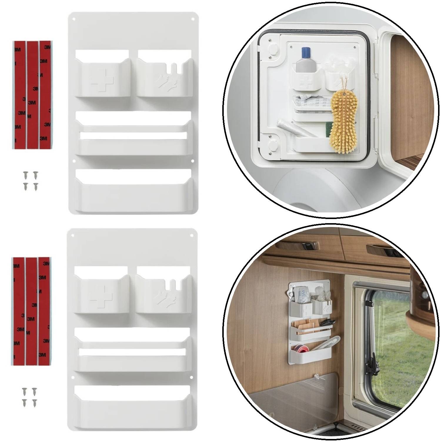 Weißer Klebeverankerter Wandorganizer mit Haken und Regalen, präsentiert in einem Badezimmer- und Wohnmobilumfeld; inklusive Befestigungsstreifen und Schrauben.