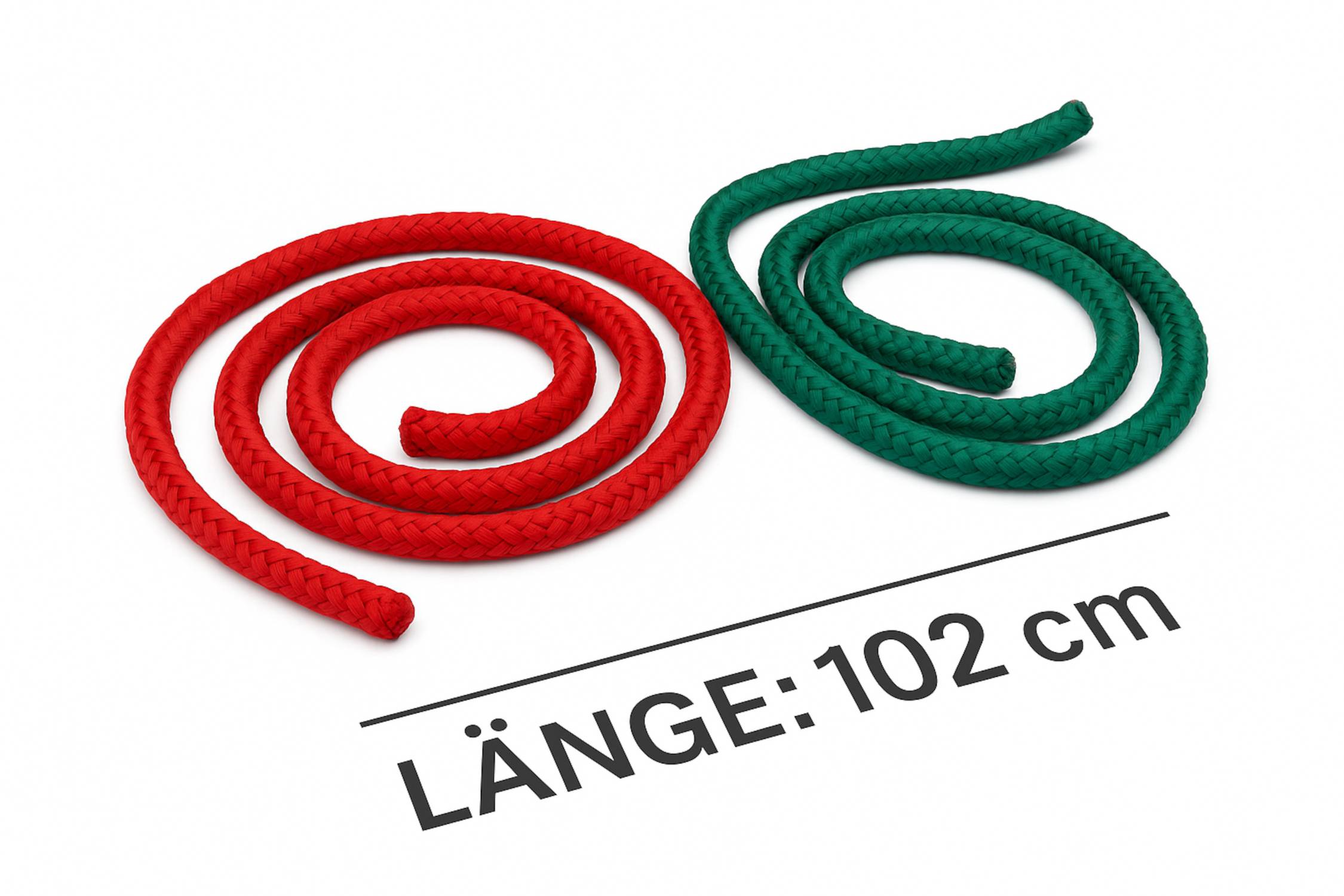Rote und grüne gewickelte Kabel mit dem Text 'Länge: 102 cm' darunter, die ihre Länge angeben.