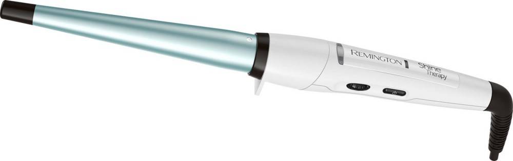 Nahaufnahme eines weißen und blauen Lockenstabs mit einer Klammer vor einem weißen Hintergrund.