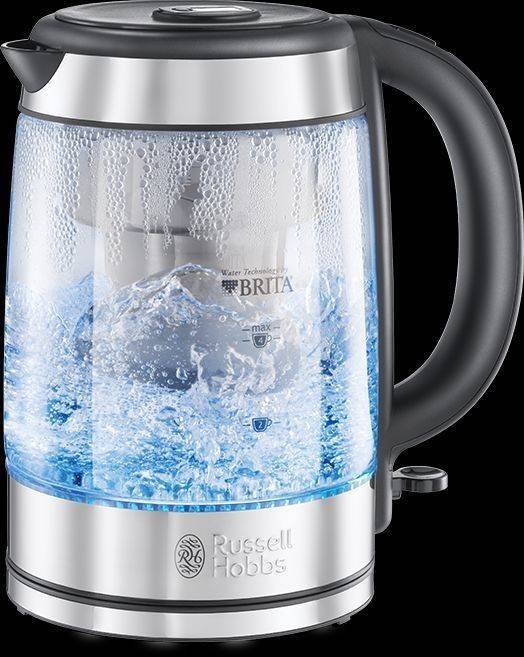 Eine Glaswasserkocher mit schwarzem Griff, gefüllt mit kochendem Wasser und aufsteigendem Dampf. Die Marke 'Russell Hobbs' ist auf der Basis sichtbar.