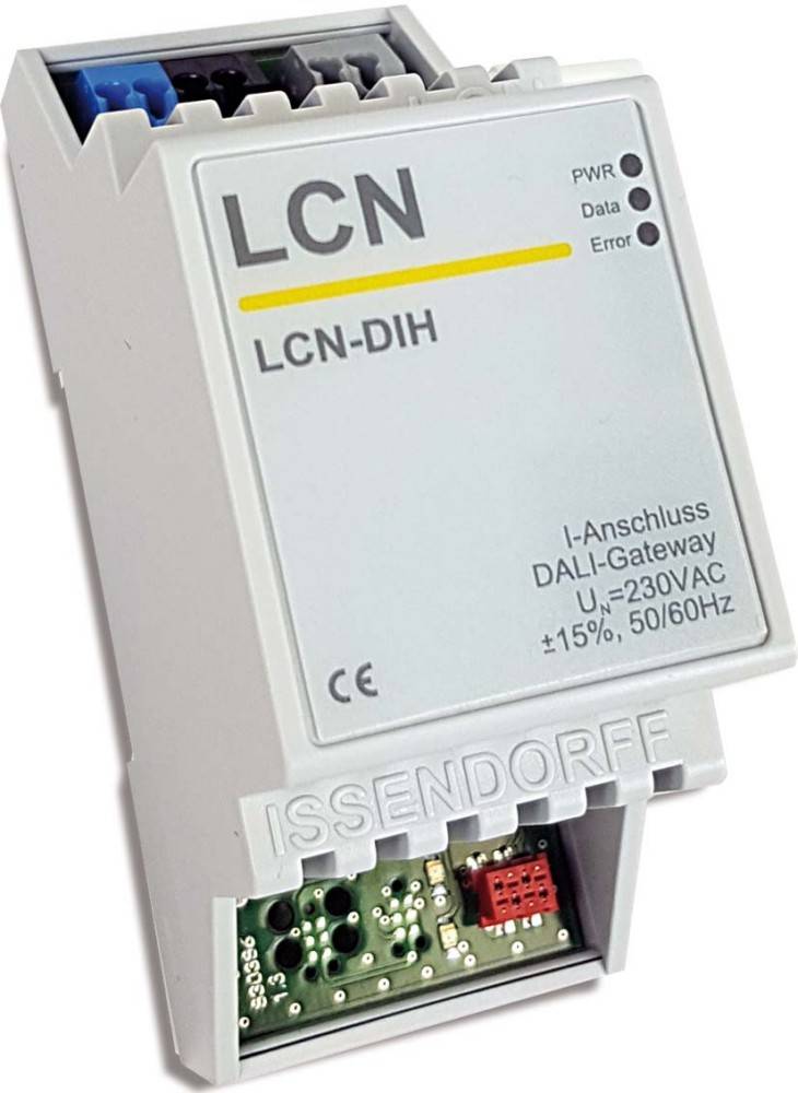 Eine Nahaufnahme eines LCN-LCN-DIH-Geräts von Issendorff zeigt Konnektivitätsoptionen und Spezifikationen: 'I-Anschluss,' 'DALI-Gateway,' '230VAC.