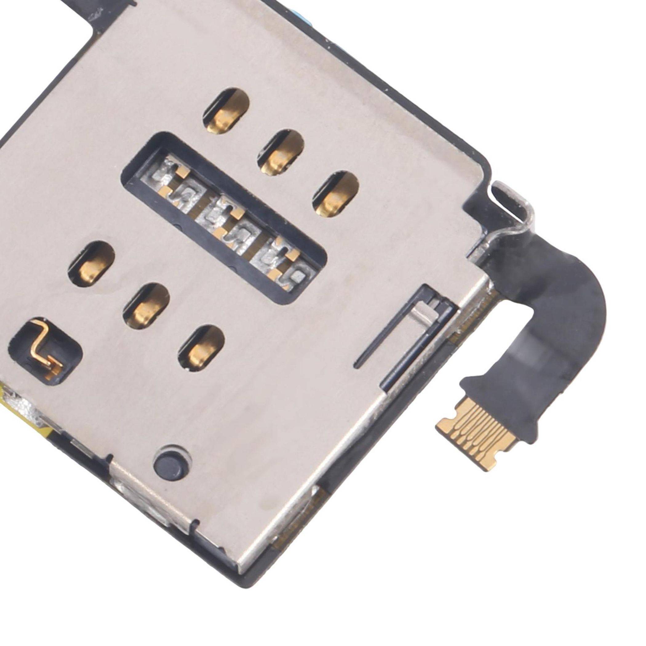 Ein SIM-Kartenhalter mit Metallkontakten und einem Flachbandkabel, verwendet zum Anbringen einer SIM-Karte an ein Smartphone oder ein anderes elektronisches Gerät.