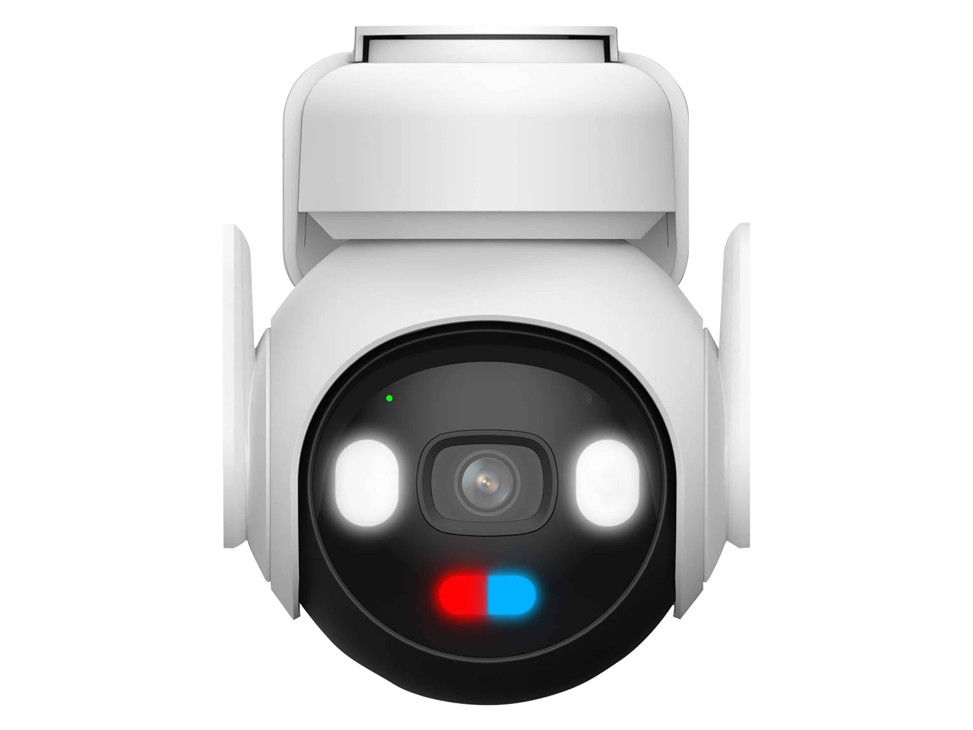 Eine weiße, kuppelförmige Sicherheitskamera mit LED-Anzeigen, nach unten ausgerichtet, was auf Überwachungsfunktionalität hindeutet.