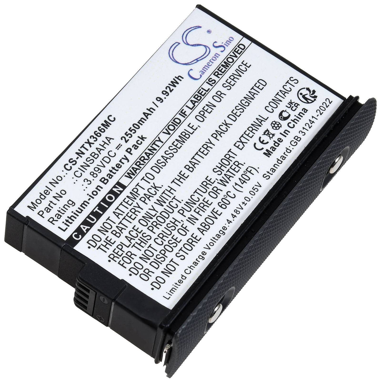 Akkupack mit 'Modell-Nr.: CS-NXT356MC' und '3,6V 2550mAh' aufgedruckt. Enthält Warnhinweise gegen Zerlegen und Sicherheitshinweise für den Gebrauch.