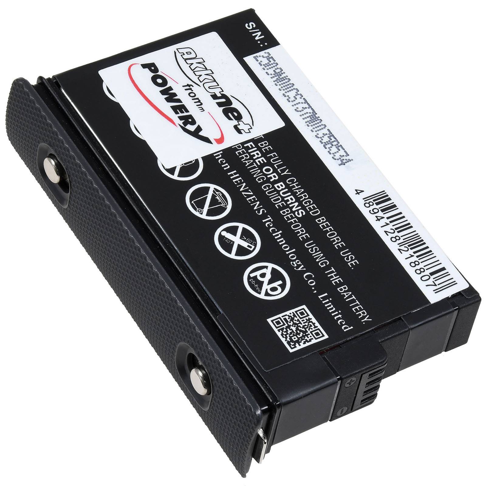 Eine wiederaufladbare Batterie mit einem QR-Code und Warnhinweisen: 