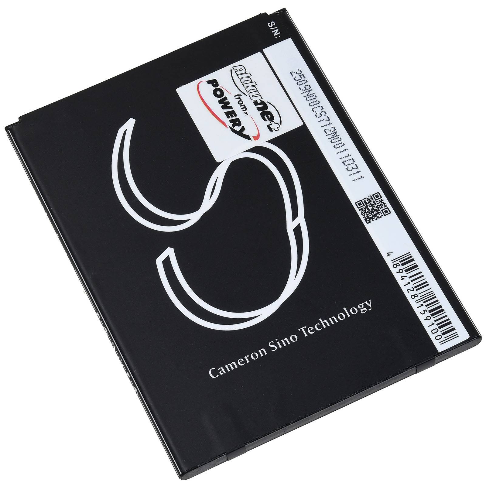 Rechteckige schwarze Batterie von Cameron Sino Technology mit Modellnummer und QR-Code. Weiße Grafiken und Text auf der Oberfläche.