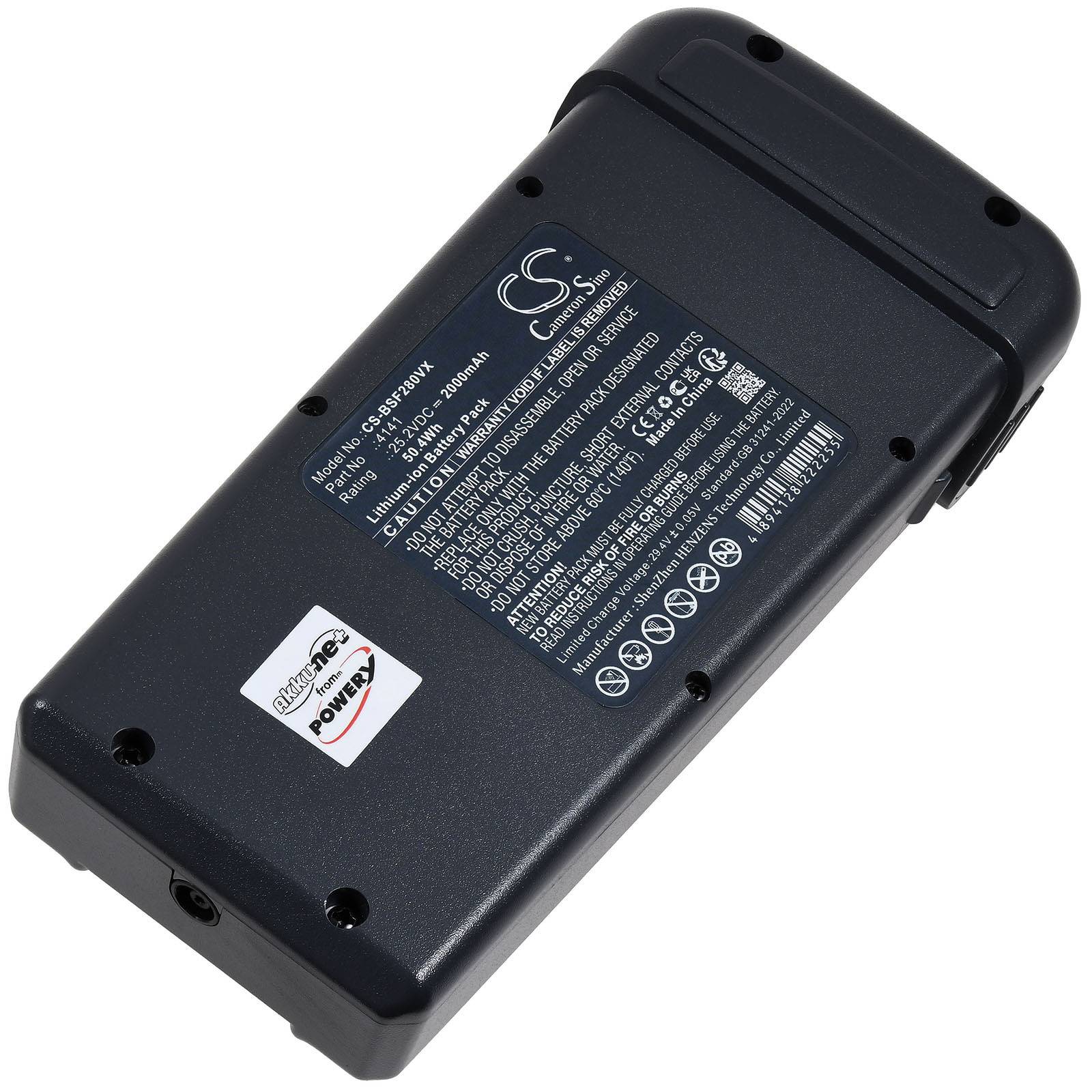 Ein schwarzer Akkupack mit der Aufschrift 'CS', auf dessen Vorderseite technische Spezifikationen, Zertifizierungszeichen und Sicherheitswarnungen gedruckt sind.