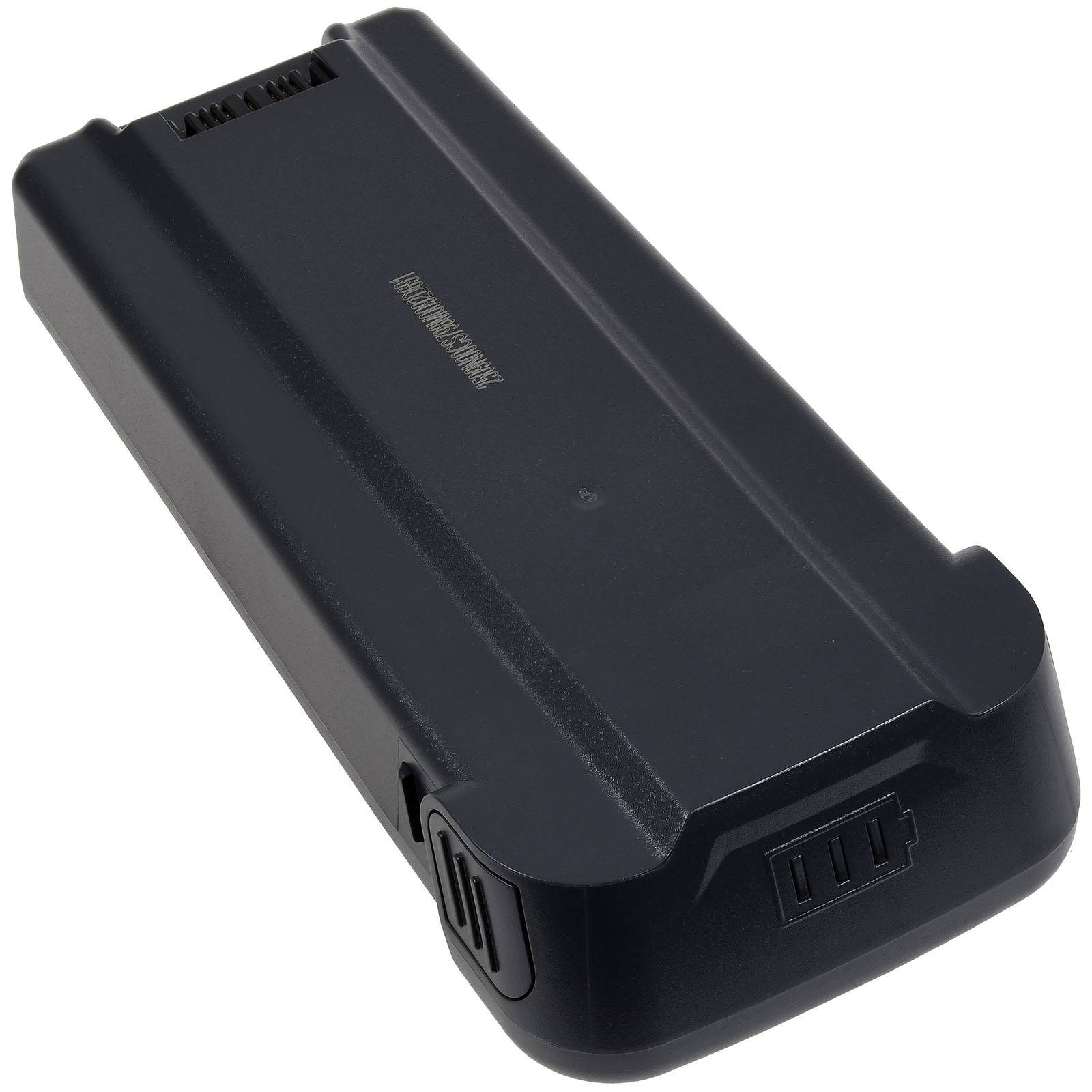 Ein schwarzer rechteckiger Akkupack mit Anschlüssen an einer Seite, der zur Stromversorgung elektronischer Geräte verwendet wird.