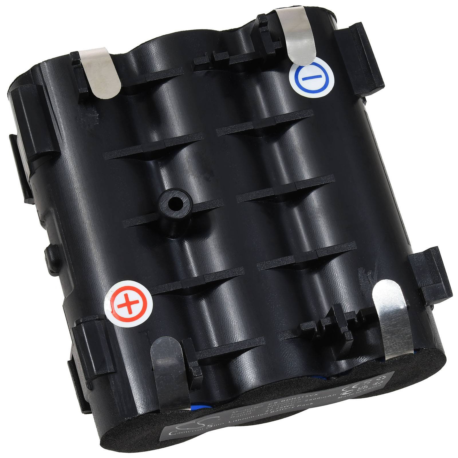 Eine schwarze zylindrische Batteriepacks mit Metallanschlüssen, ausgestattet mit roten Plus- und blauen Minussymbolen, die die positiven und negativen Pole kennzeichnen.