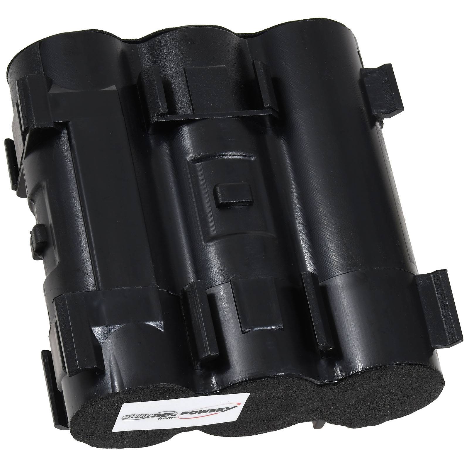 Schwarze Batteriebox mit mehreren zylindrischen Zellen, konzipiert für kompatible elektronische Geräte.