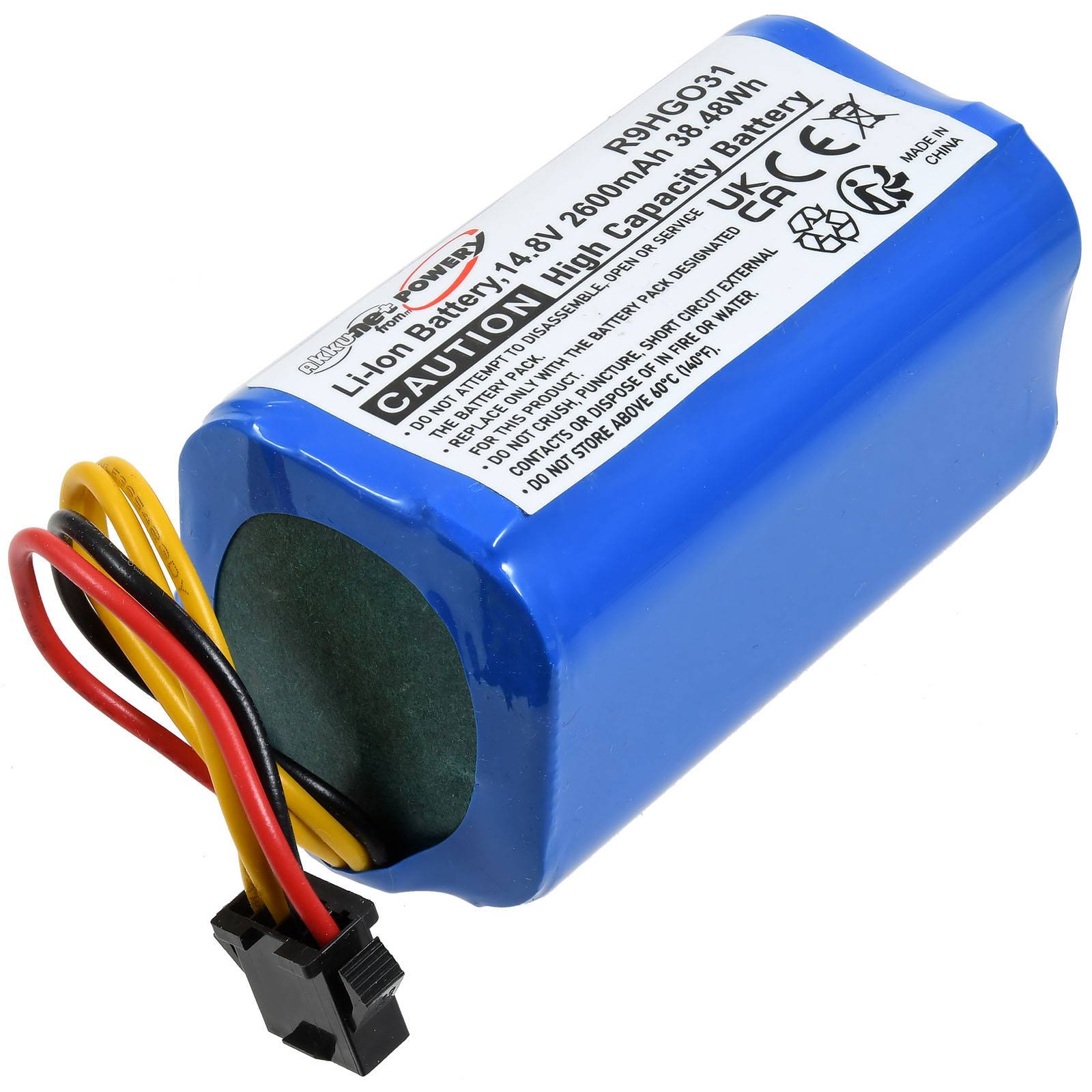 Eine blaue Lithium-Ionen-Batterie mit weißem Etikett, das Spezifikationen detailliert: 14,8V, 1800mAh, und enthält Sicherheitswarnungen sowie Anschlusskabel.