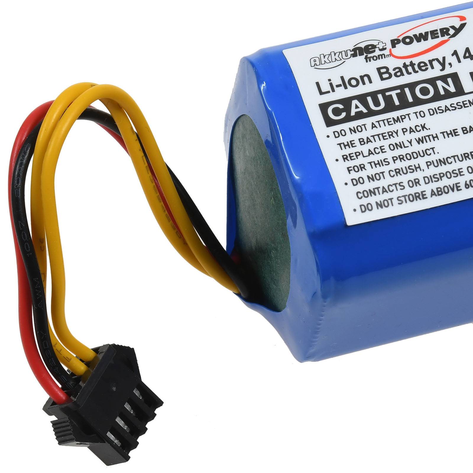 Eine blaue zylindrische Li-Ionen-Batterie mit mehrfarbigen Kabeln und einem angeschlossenen Anschluss. Das Etikett enthält Sicherheitshinweise und technische Spezifikationen.