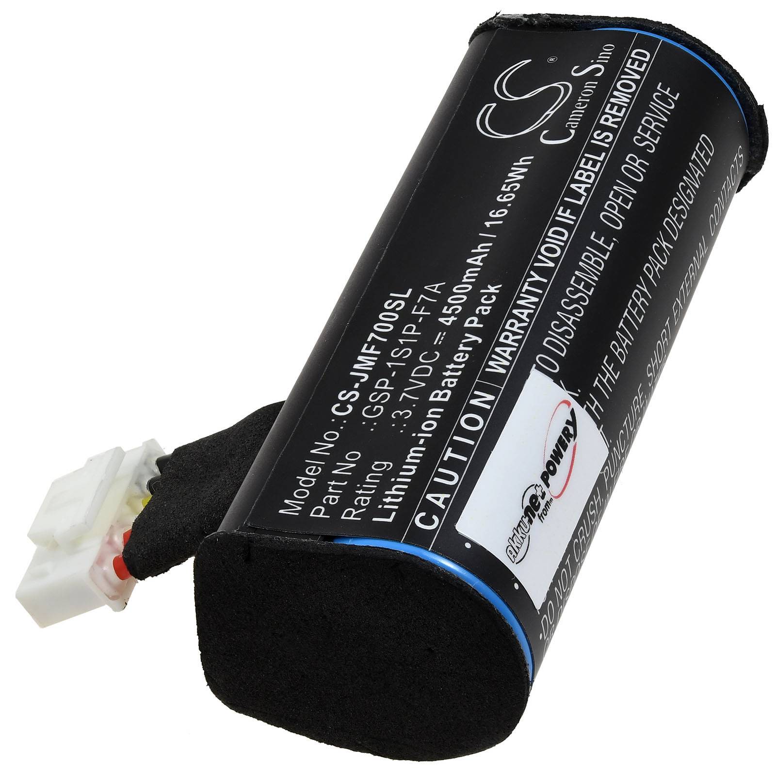 Eine zylindrische schwarze Lithium-Ionen-Batterie mit weißer Beschriftung und einem Anschlussanschluss, die Warnhinweise und Garantieinformationen zeigt.