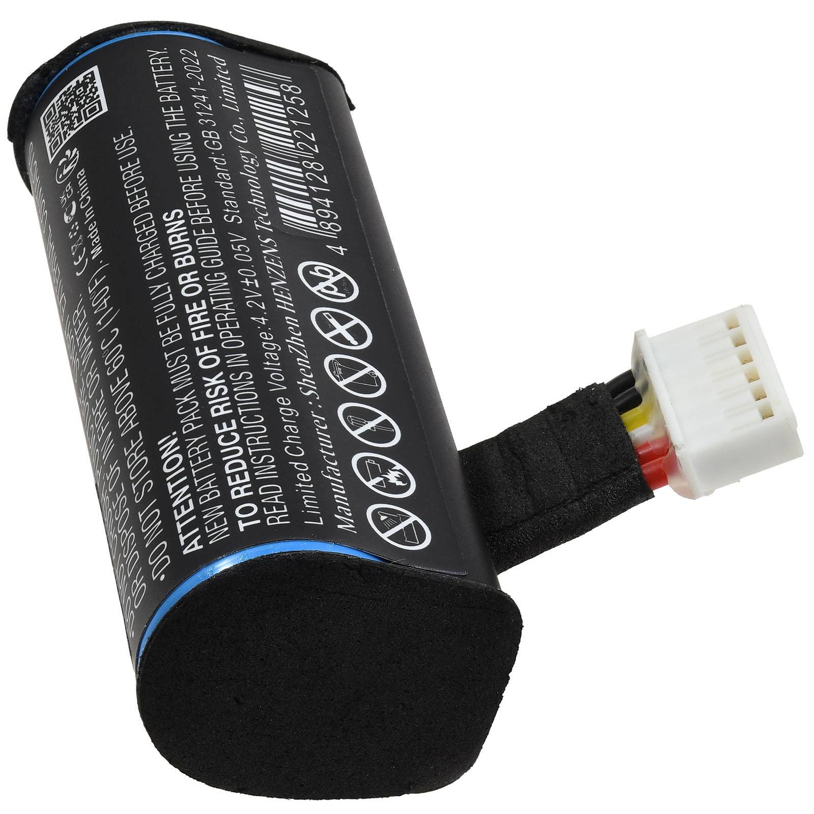 Wiederaufladbare Batterie mit einem mehrfarbigen Drahtanschluss und gedruckten Sicherheitshinweisen, typischerweise in verschiedenen elektronischen Geräten verwendet.