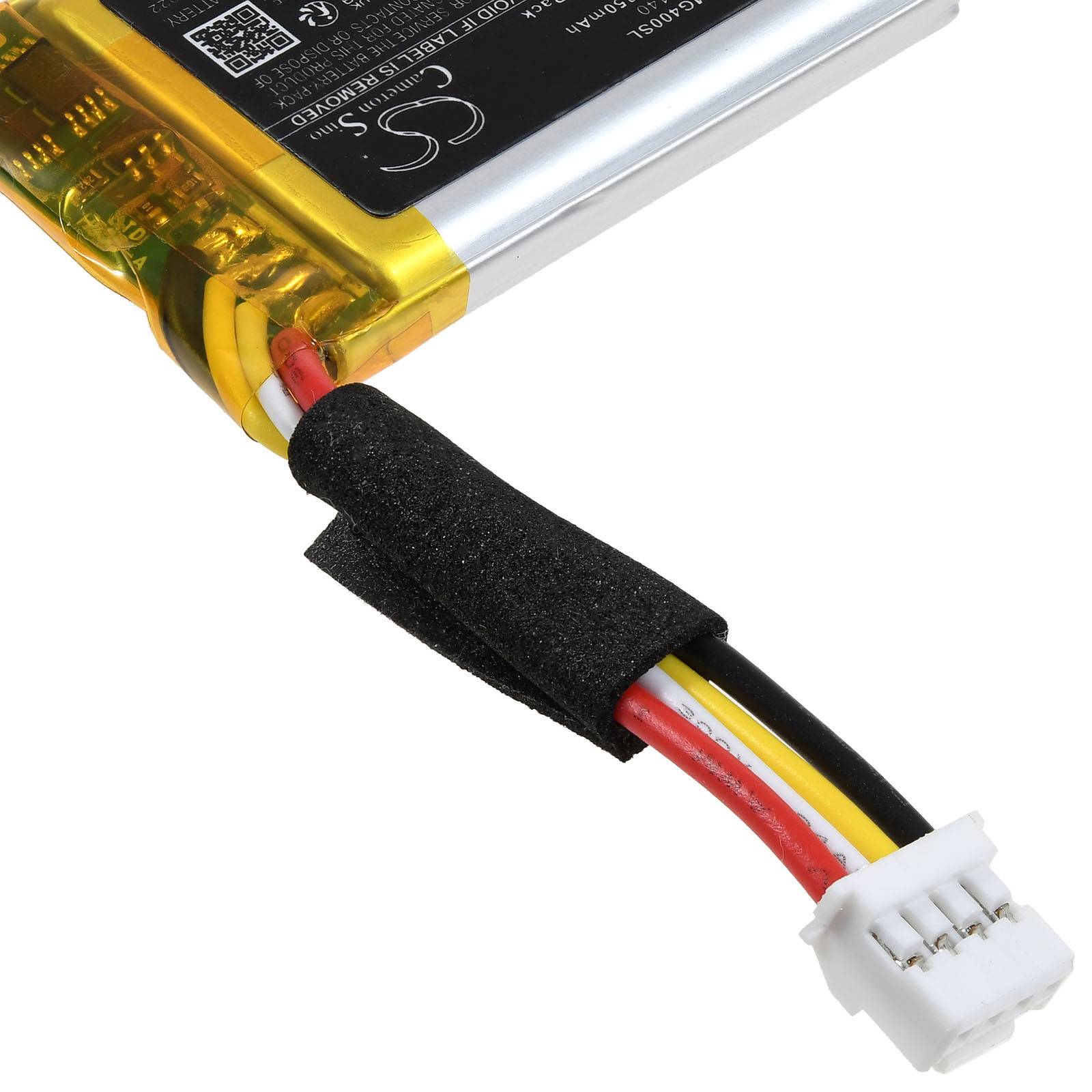 Eine kleine, rechteckige Lithium-Ionen-Batterie mit Kabeln und einem Anschluss, auf deren Oberfläche Spezifikationen und Sicherheitshinweise zu sehen sind.