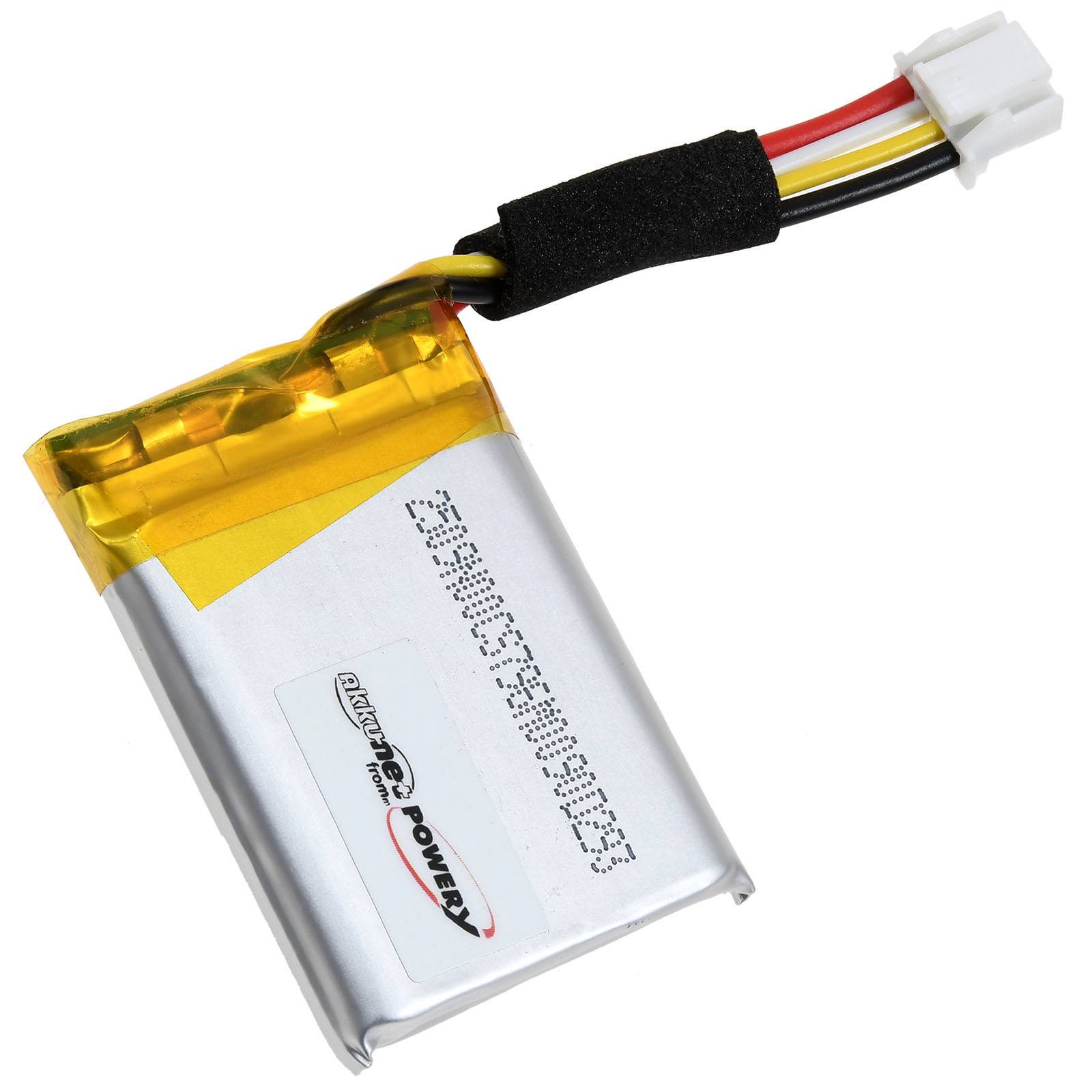 Wiederaufladbare Batterie mit Anschluss und vier Kabeln: schwarz, rot, gelb, weiß. Silberne Gehäuse mit 'Power by Pro Battery' Logo.