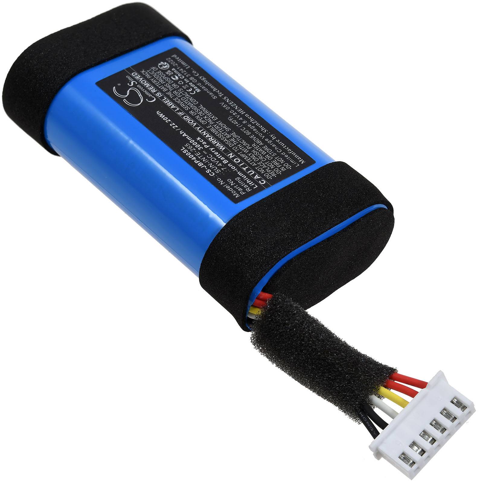 Ein blauer Lithium-Ionen-Akkupack mit schwarzem Schaumstoffschutz und einem mehrfarbigen Kabelstecker.