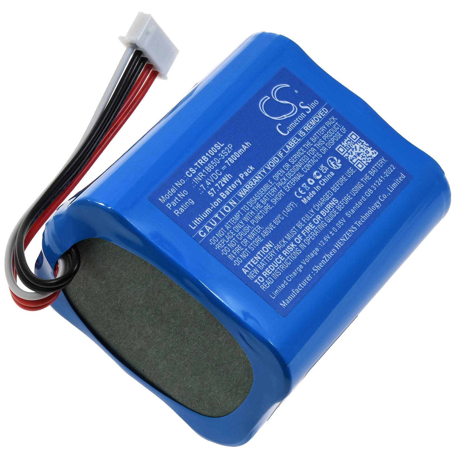 Ein blauer Lithium-Ionen-Akkupack mit der Modellnummer CS-TRB502SL, 7,2V, 5200mAh, mit mehreren Warn- und Zertifizierungsetiketten darauf.