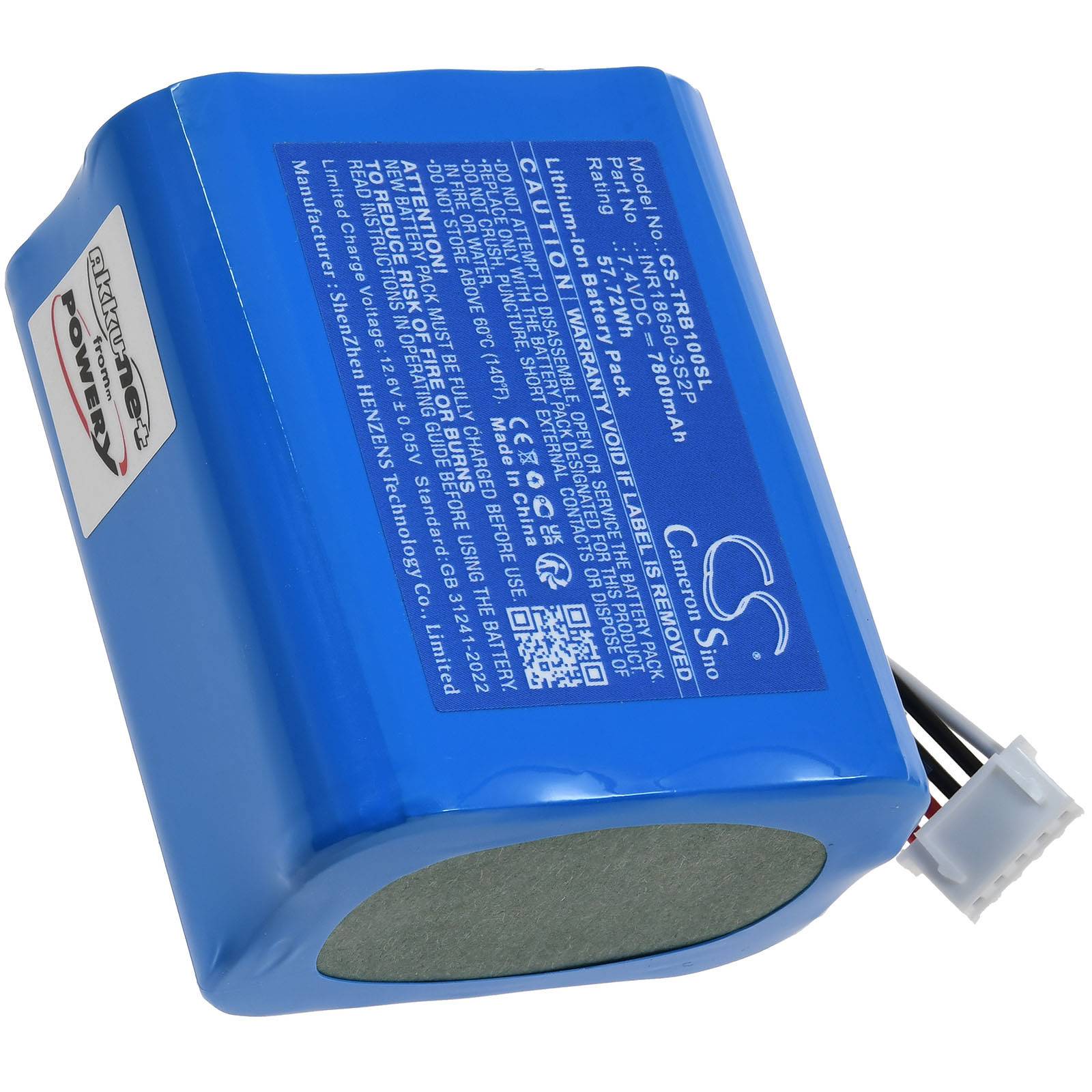 Ein rechteckiger blauer Lithium-Ionen-Akkupack mit einer Etikette, die technische Spezifikationen und Sicherheitswarnungen anzeigt.