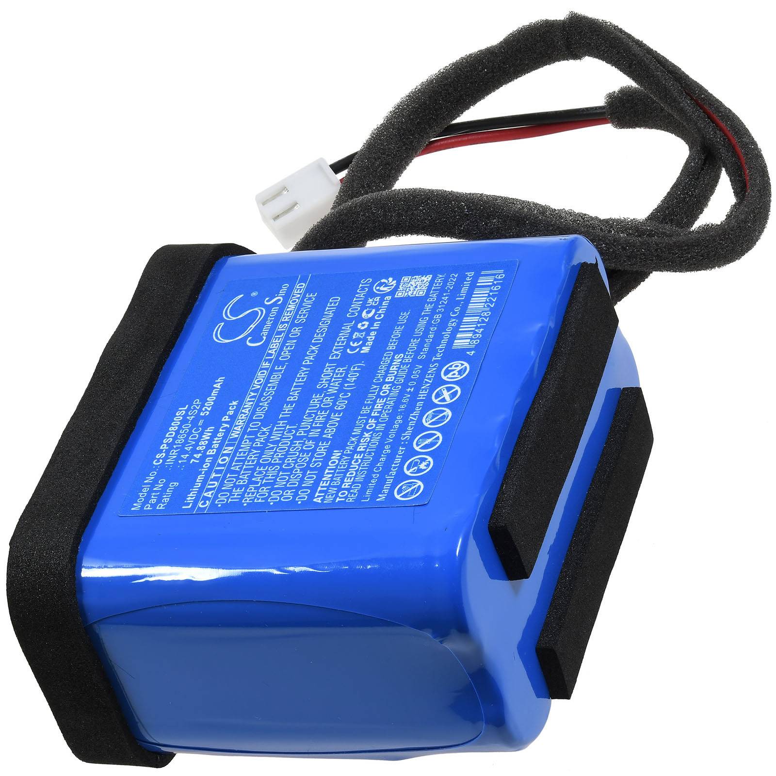 Eine blaue wiederaufladbare Batterie mit schwarzen Riemen um sie herum und einem angeschlossenen rot-schwarzen Drahtanschluss, verwendet für elektronische Geräte.