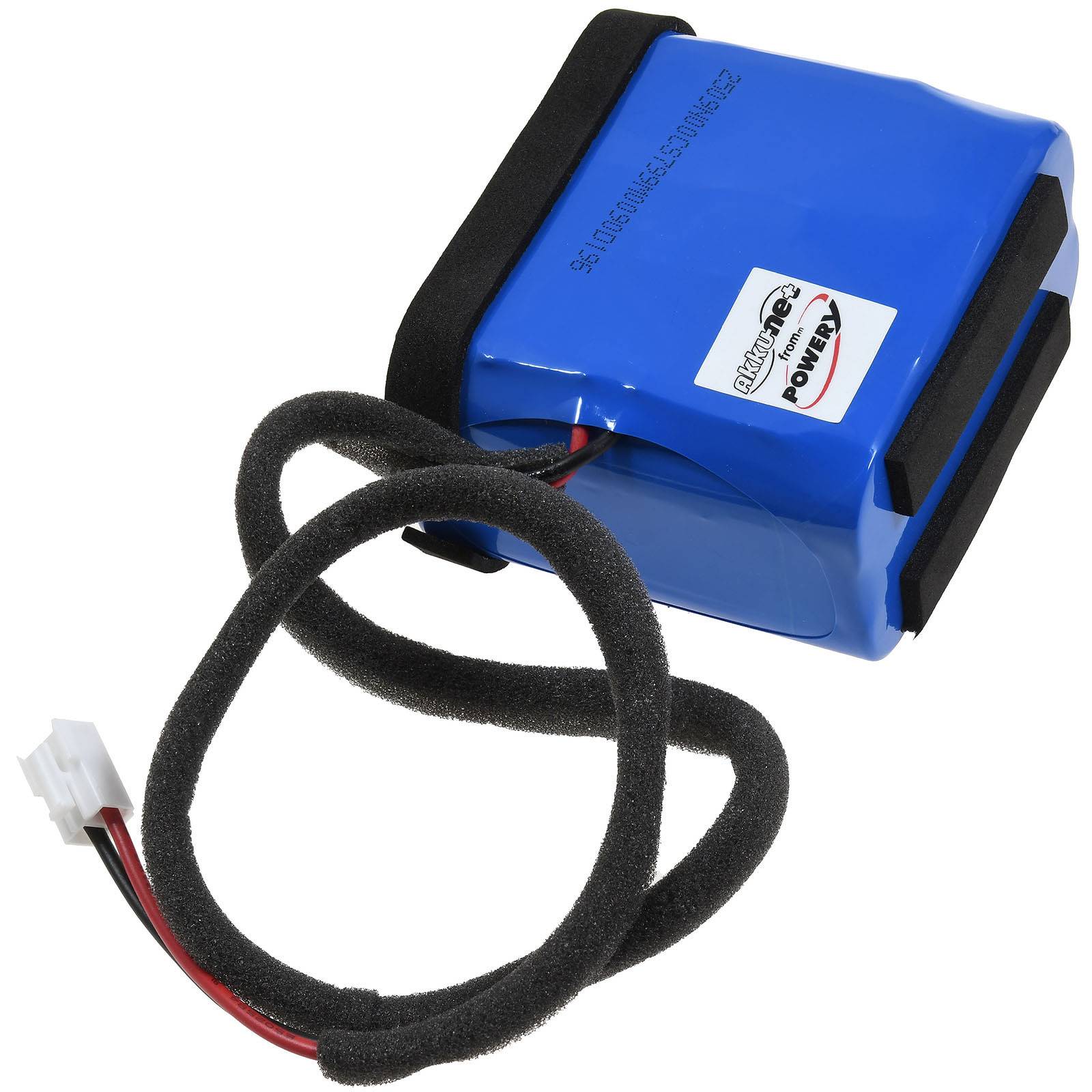 Eine blaue wiederaufladbare Batterie mit einem schwarzen und roten Kabel, die an einem Ende einen kleinen weißen Stecker aufweist.
