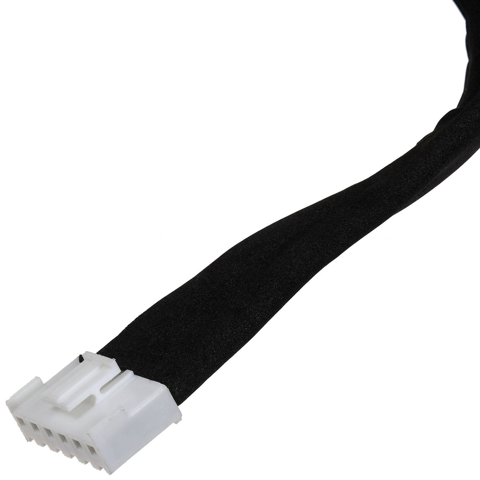 Ein schwarzes Kabel mit einem weißen Anschluss an einem Ende, das mehrere kleine Buchsen aufweist, das wahrscheinlich für elektronische oder Computerverbindungen verwendet wird.