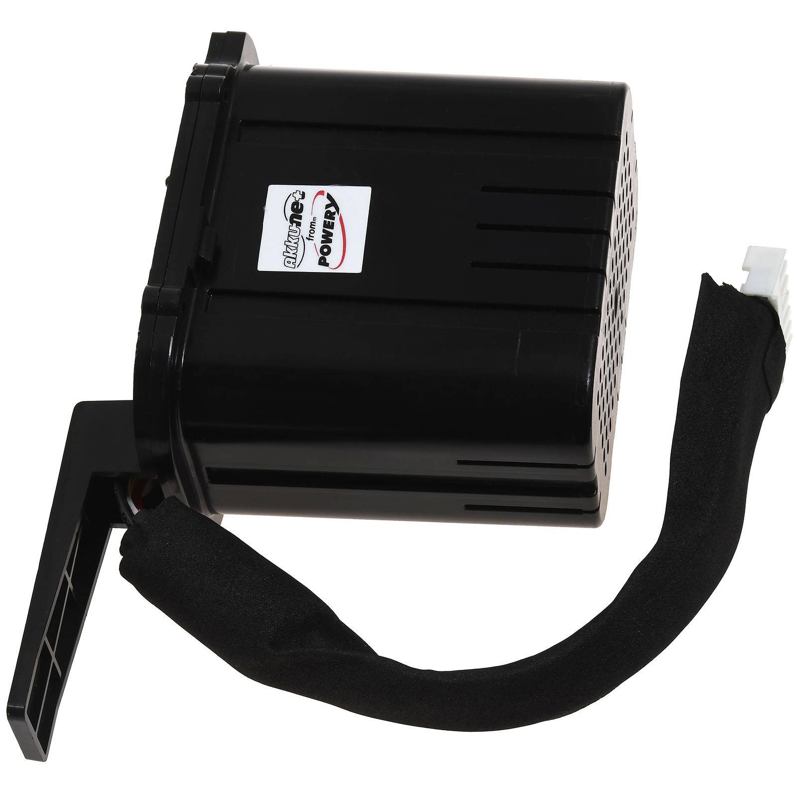 Eine schwarze elektrische Komponente mit einem Kühlventilator, ein Kabel, das von Schaumstofffisolierung bedeckt ist, und ein Anschluss; gekennzeichnet mit 'Reliance Power'.