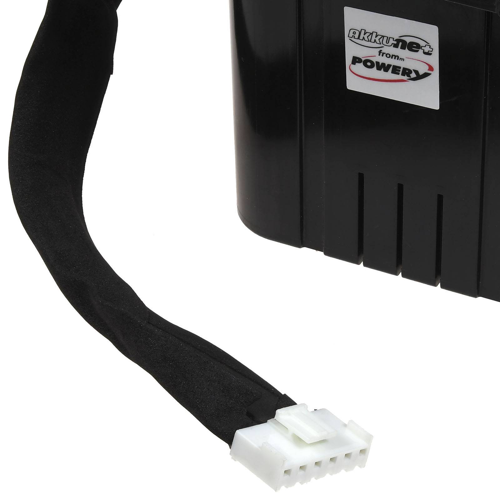 Eine schwarze Batterie mit einem Anschlusskabel und einer Beschriftung mit der Aufschrift 