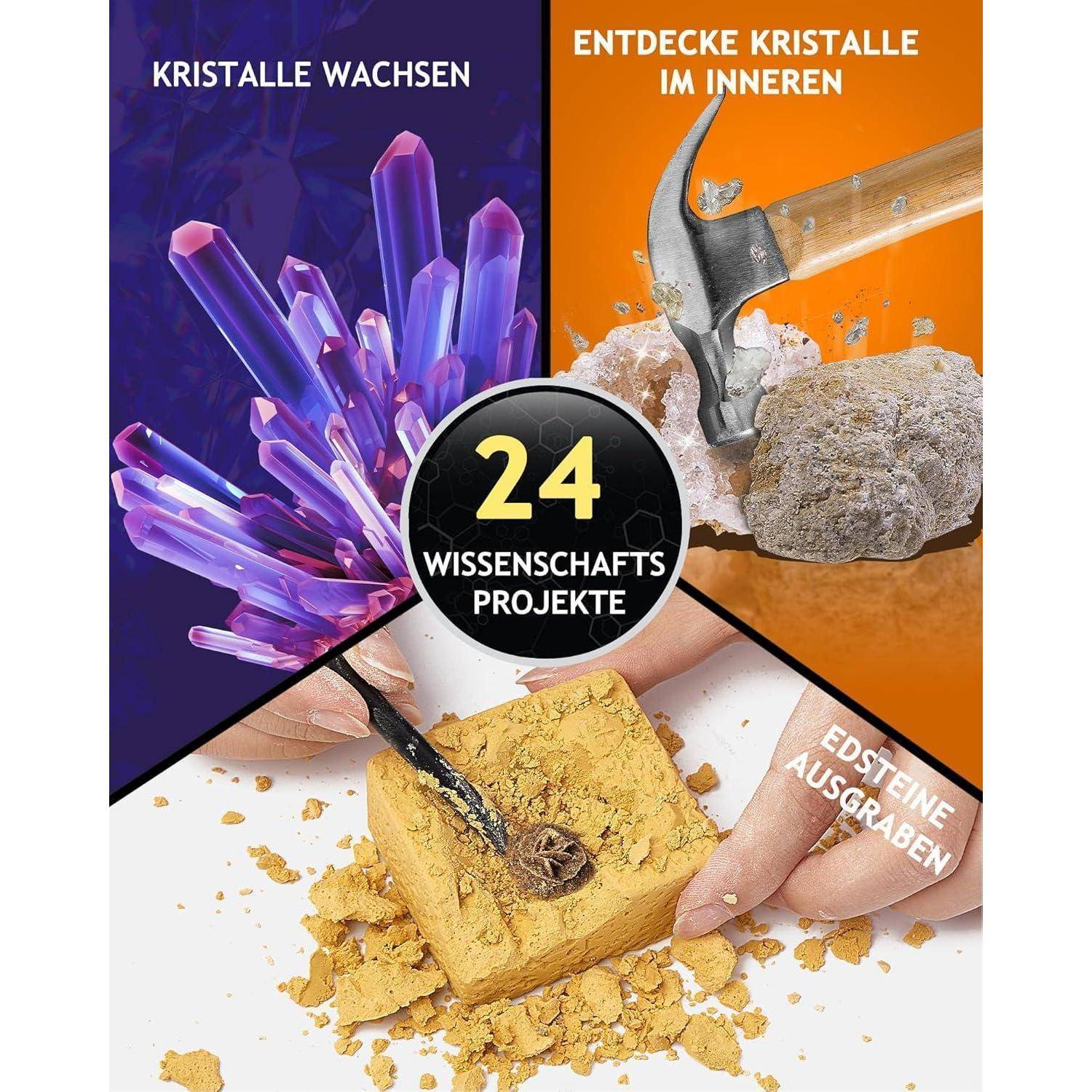 Das Bild zeigt einen Satz für die Erforschung von Kristallen und Edelsteinen durch 24 wissenschaftliche Projekte. Er enthält Werkzeuge und Anleitungen zum Züchten von Kristallen.