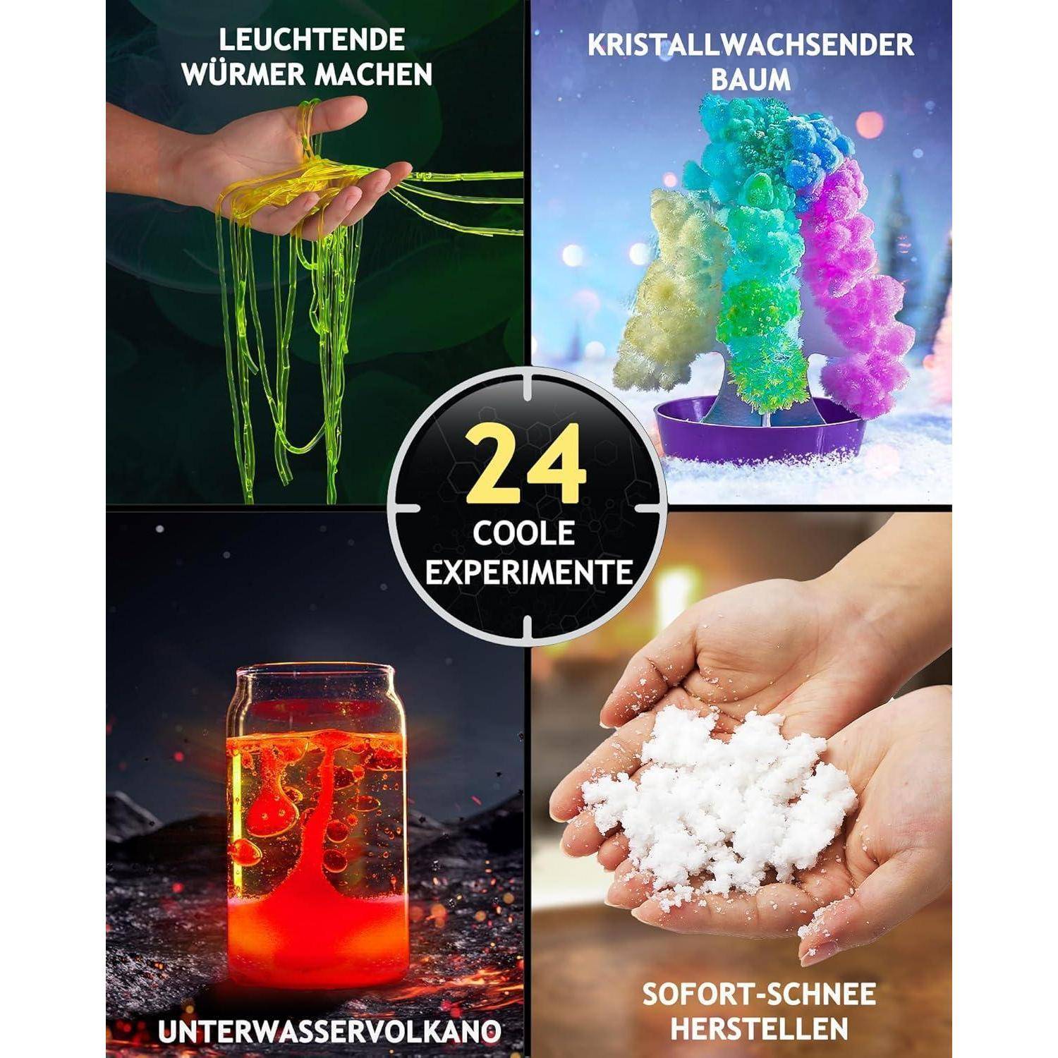 Das Bild zeigt vier wissenschaftliche Experimente: leuchtende Würmer, einen kristallwachsenden Baum, einen Unterwasservulkan und Sofortschnee, mit dem Text '24 Coole Experimente'.