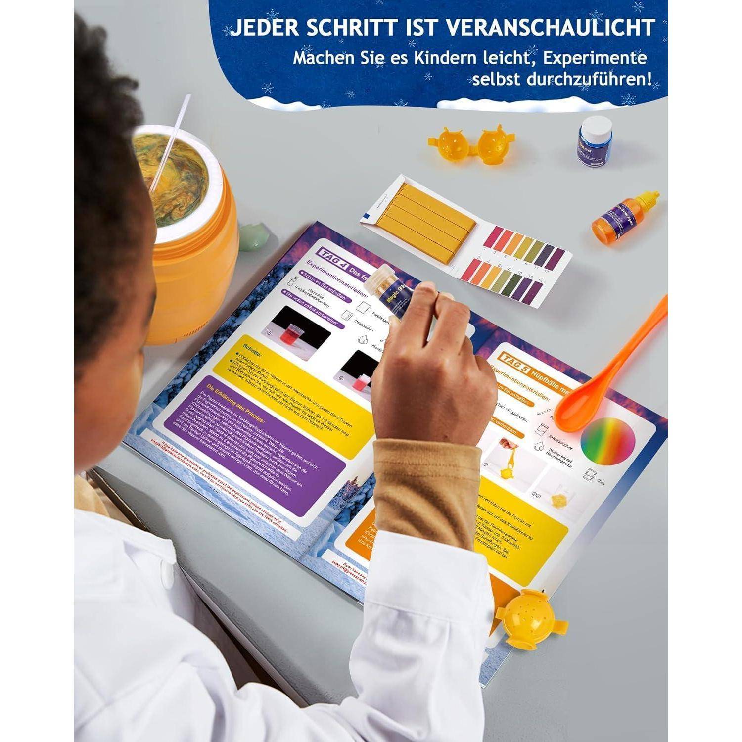 Ein Kind in einem Labormantel führt ein farbenfrohs Experiment mit einem Chemiekasten durch. Darüber befindet sich Text auf Deutsch, der die Durchführung einfacher Experimente ermutigt.
