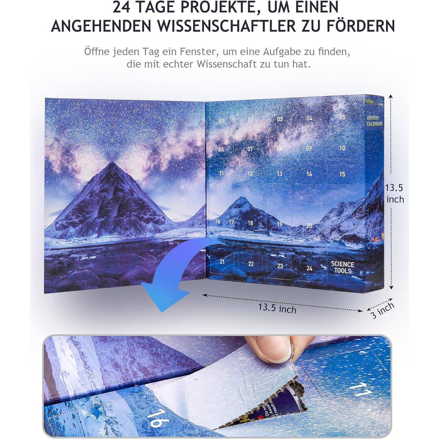 Adventskalender mit 24 Projekten für angehende Wissenschaftler. Bergszenendesign. Nahaufnahme zeigt das Öffnen eines nummerierten Fensters. Größe: 13,5 x 13,5 Zoll.