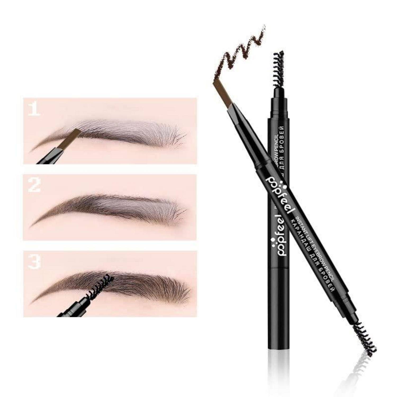 Augenbrauenstift-Grafik mit drei Schritten: Formgebung mit abgeschrägter Spitze, Auffüllen mit weichen Strichen und Verwischen mit Pinsel für einen natürlichen Look.