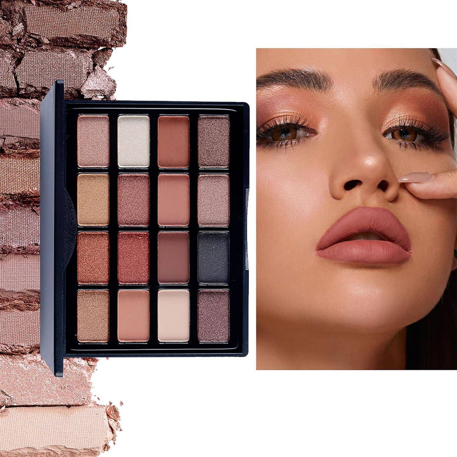 Lidschattenpalette mit 16 Nuancen von neutral bis intensiv, neben einer Nahaufnahme einer Person mit aufwendigem Augen-Make-up in ähnlichen Farbtönen.