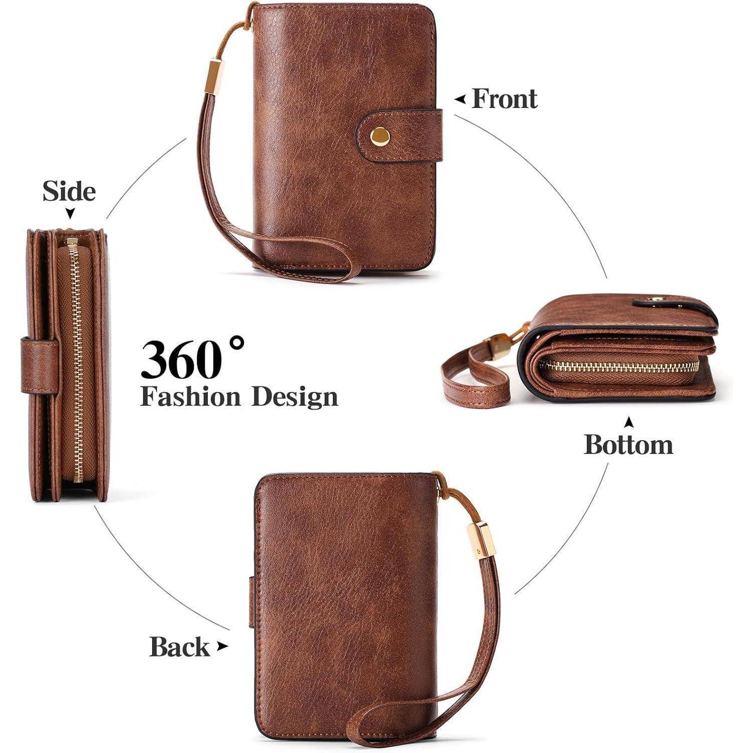 Brauner Lederbrieftasche mit Handgelenkschlaufe, die von vorne, der Seite, von hinten und von unten gezeigt wird. Mit der Beschriftung '360° Fashion Design' für Vielseitigkeit.